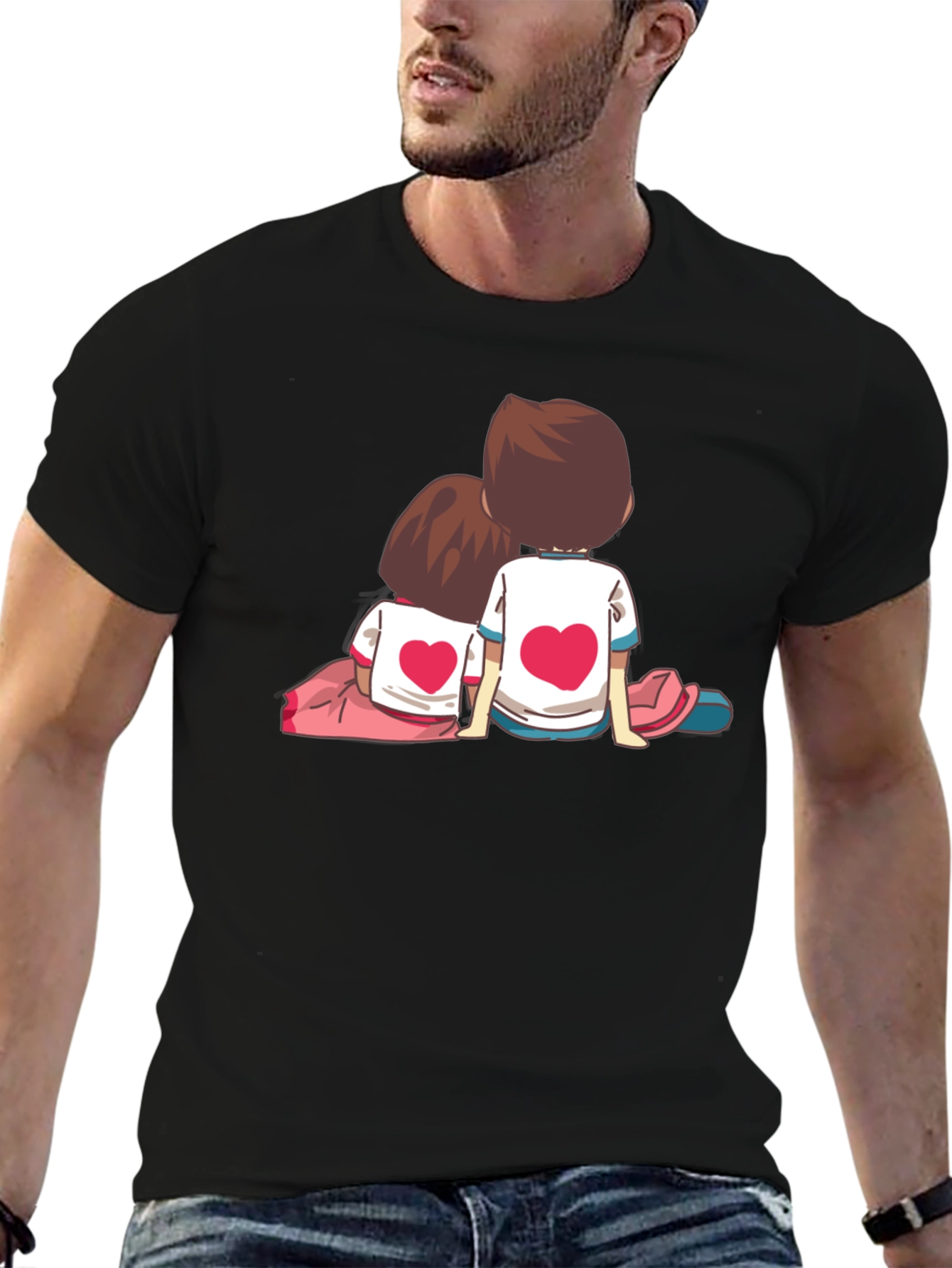 Couple Heart Cartoon Graphic Black T-Shirt