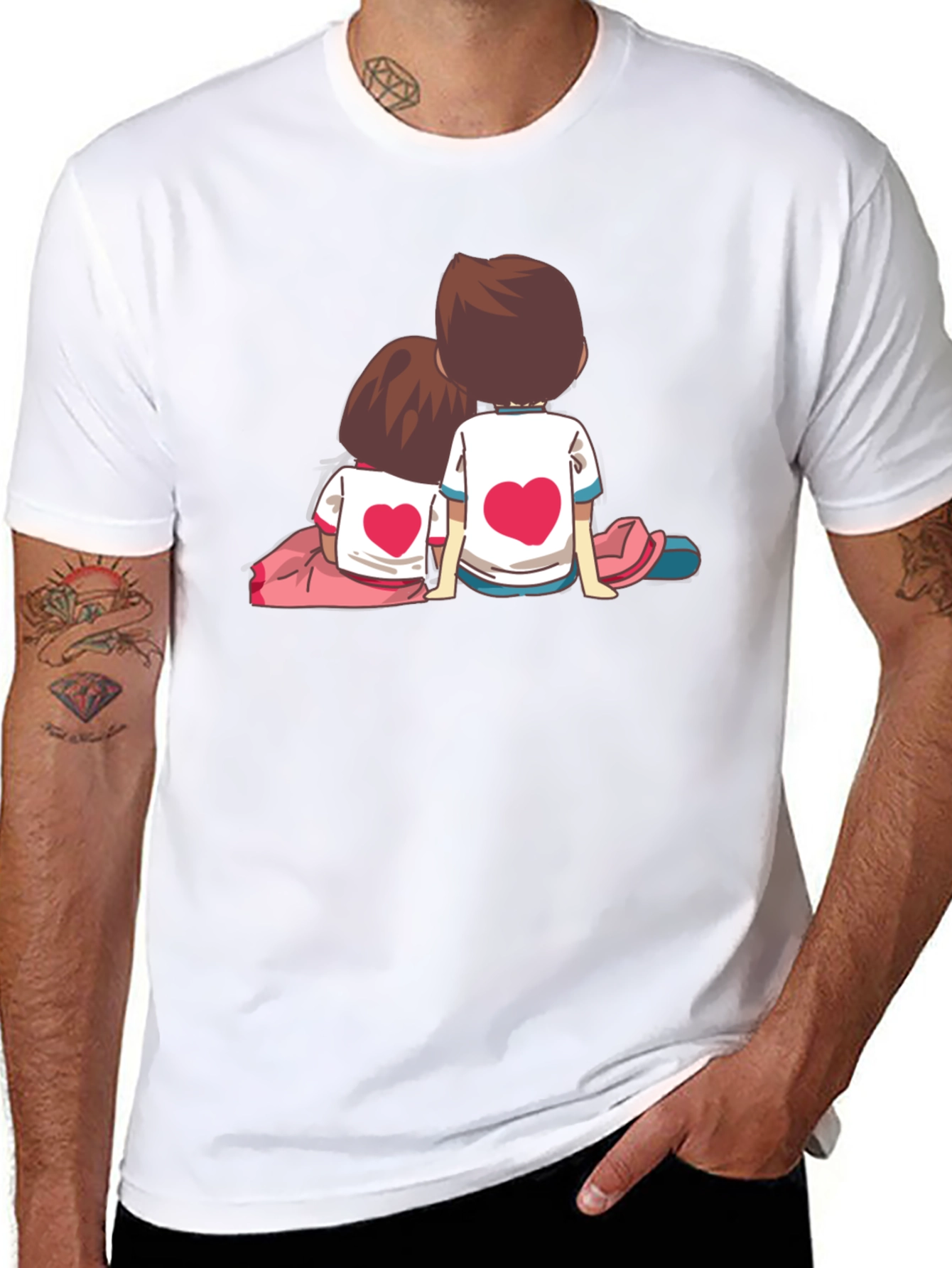 Couple Heart Cartoon Graphic Black T-Shirt