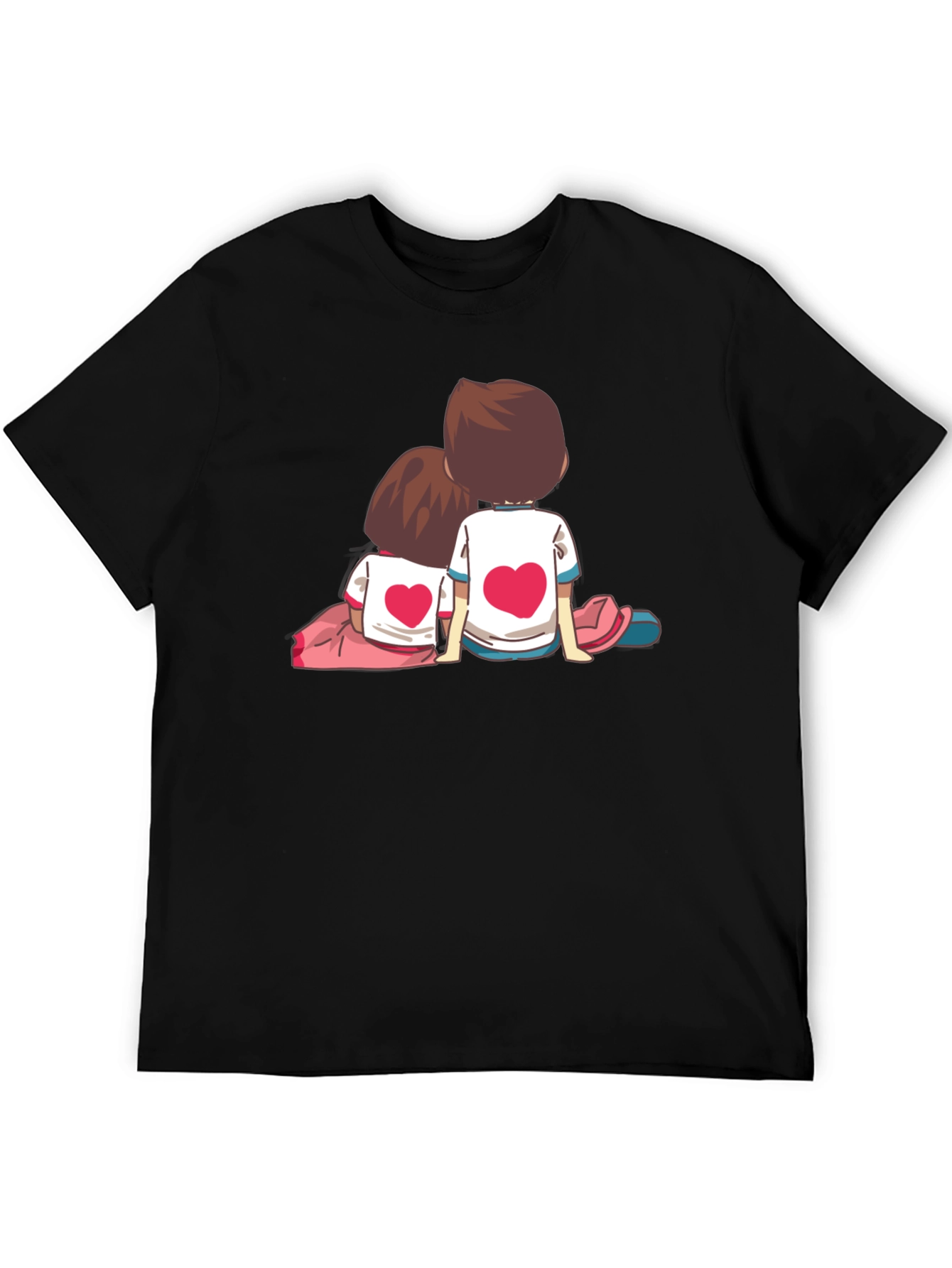 Couple Heart Cartoon Graphic Black T-Shirt