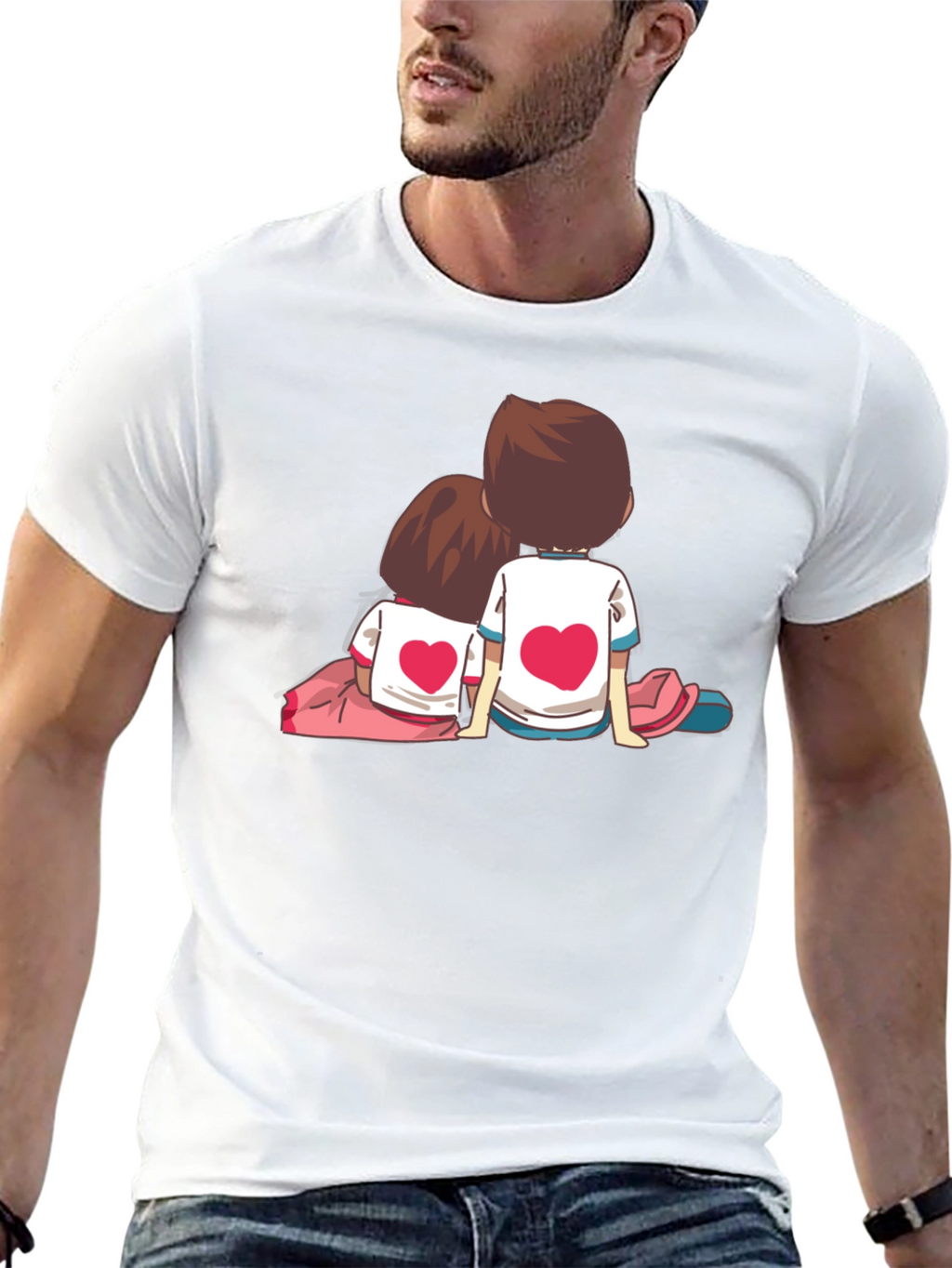 Couple Heart Cartoon Graphic Black T-Shirt
