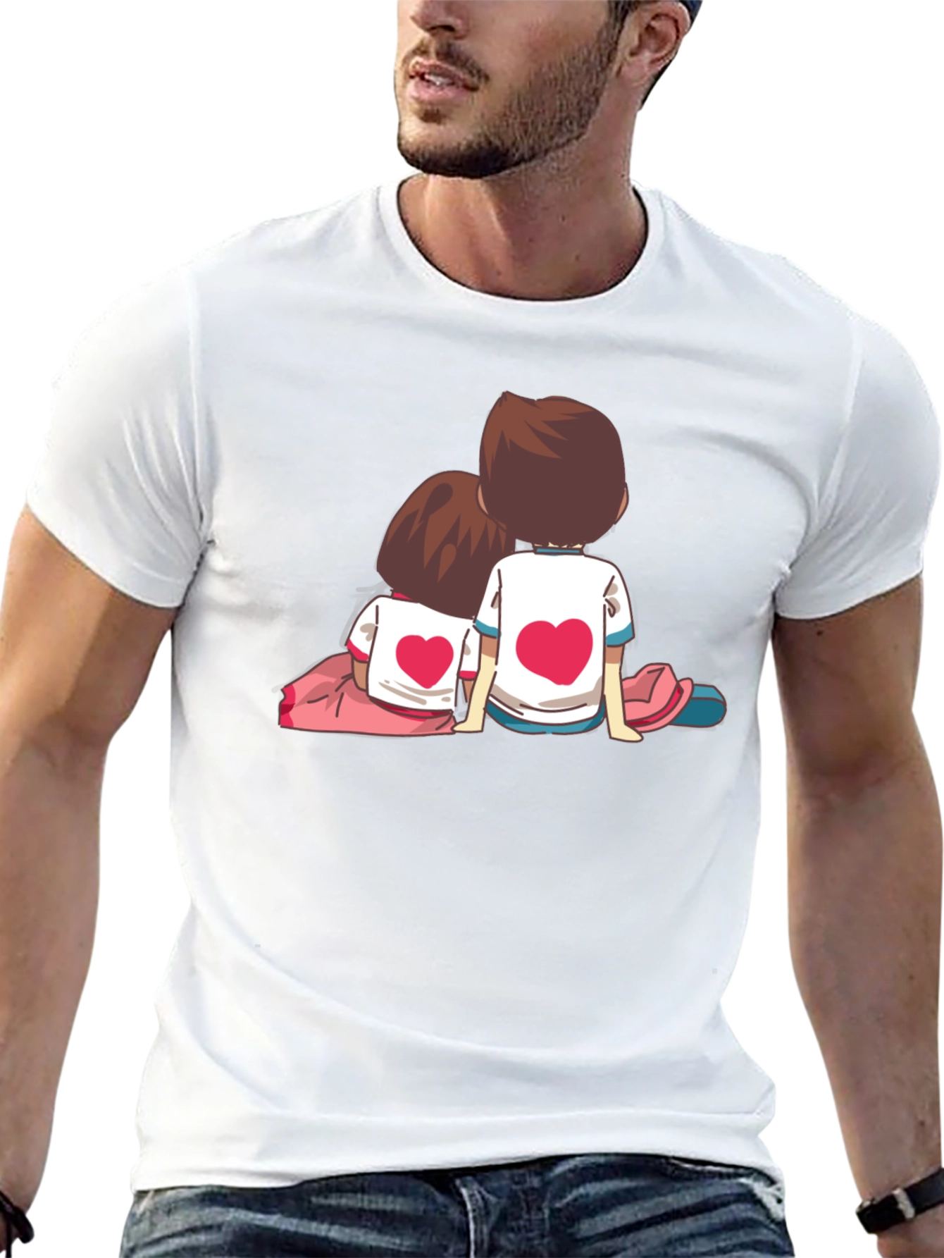 Couple Heart Cartoon Graphic Black T-Shirt