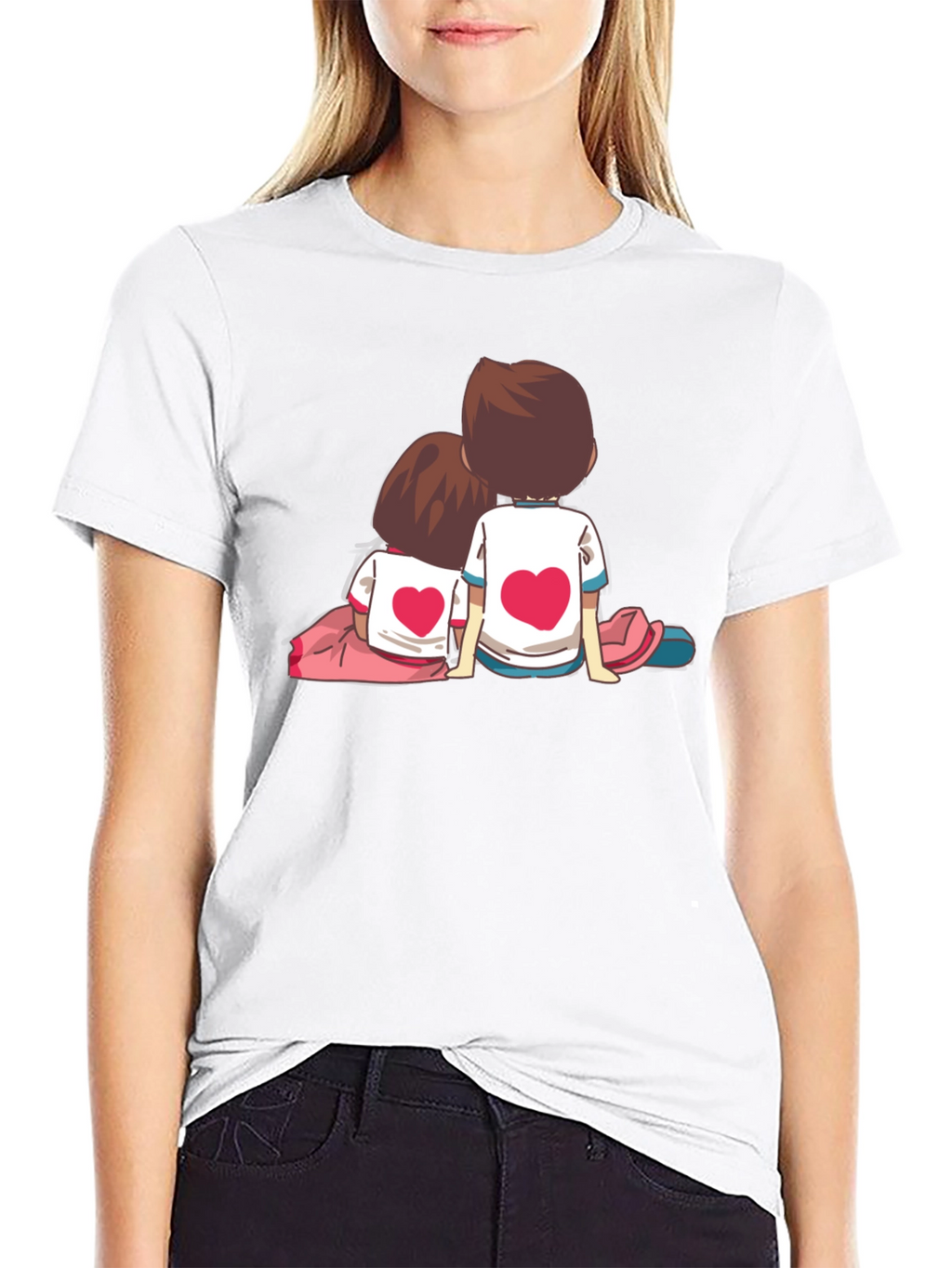 Couple Heart Cartoon Graphic Black T-Shirt