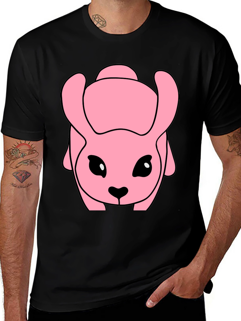 Pink Cartoon Animal Graphic Black T-Shirt