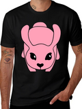 Pink Cartoon Animal Graphic Black T-Shirt