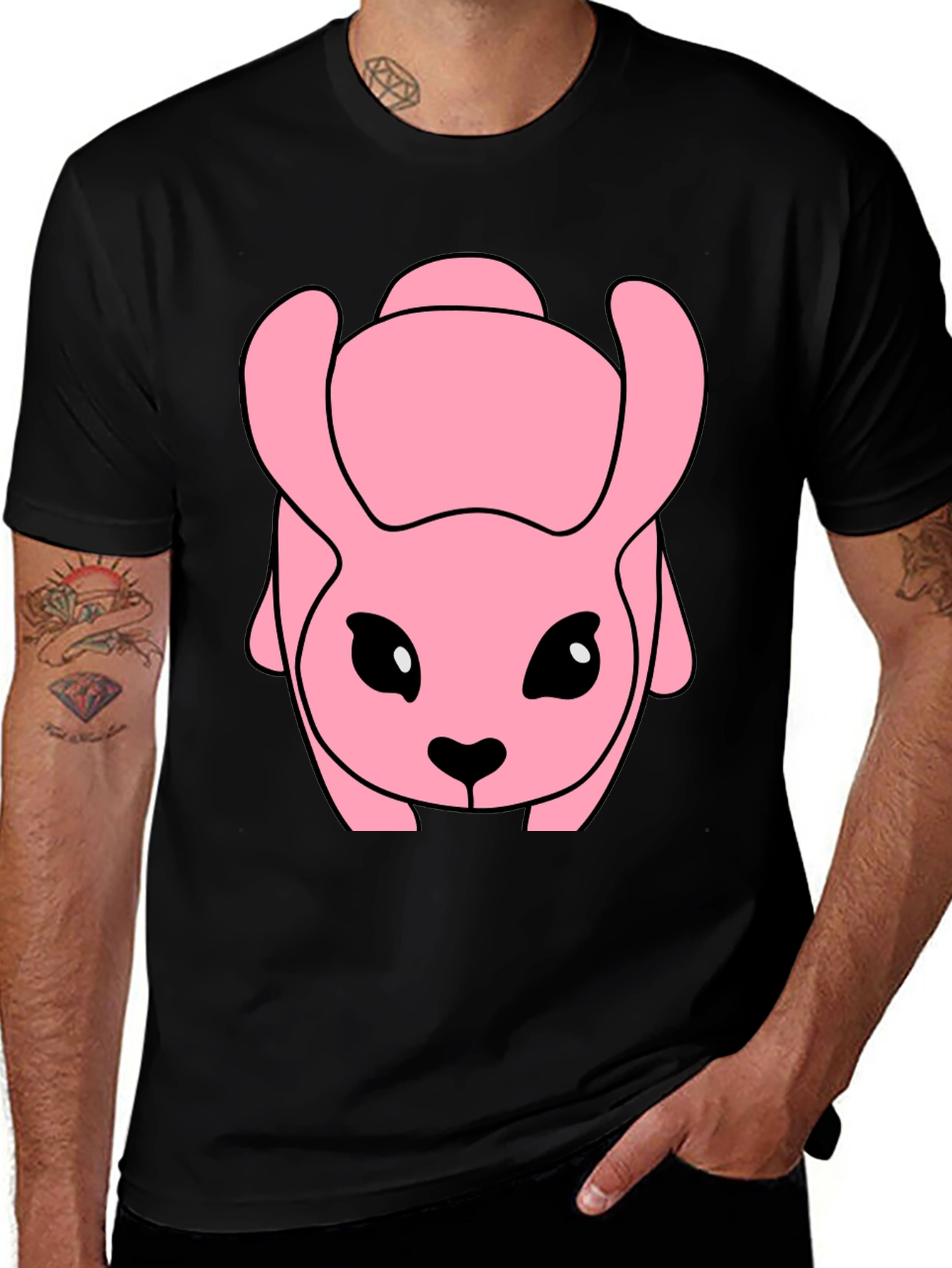Pink Cartoon Animal Graphic Black T-Shirt