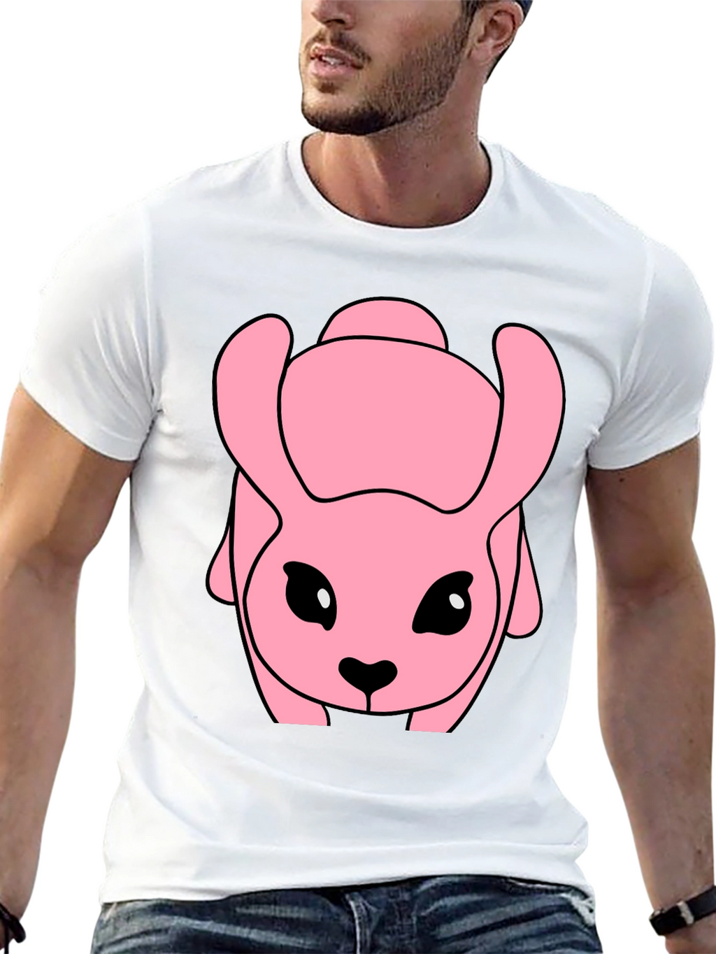 Pink Cartoon Animal Graphic Black T-Shirt