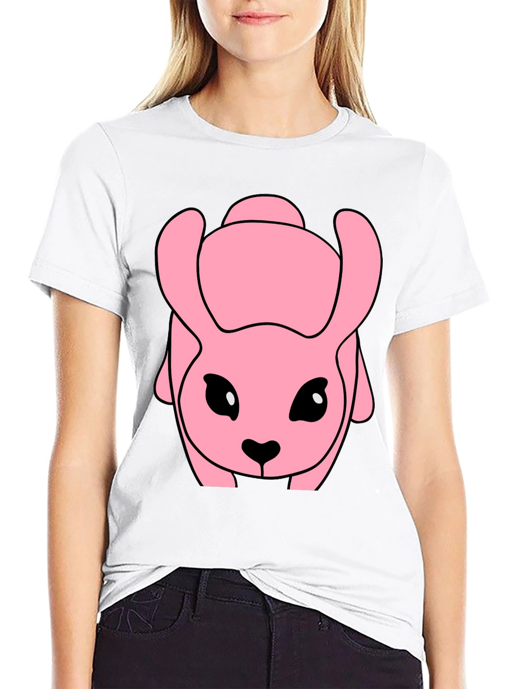 Pink Cartoon Animal Graphic Black T-Shirt