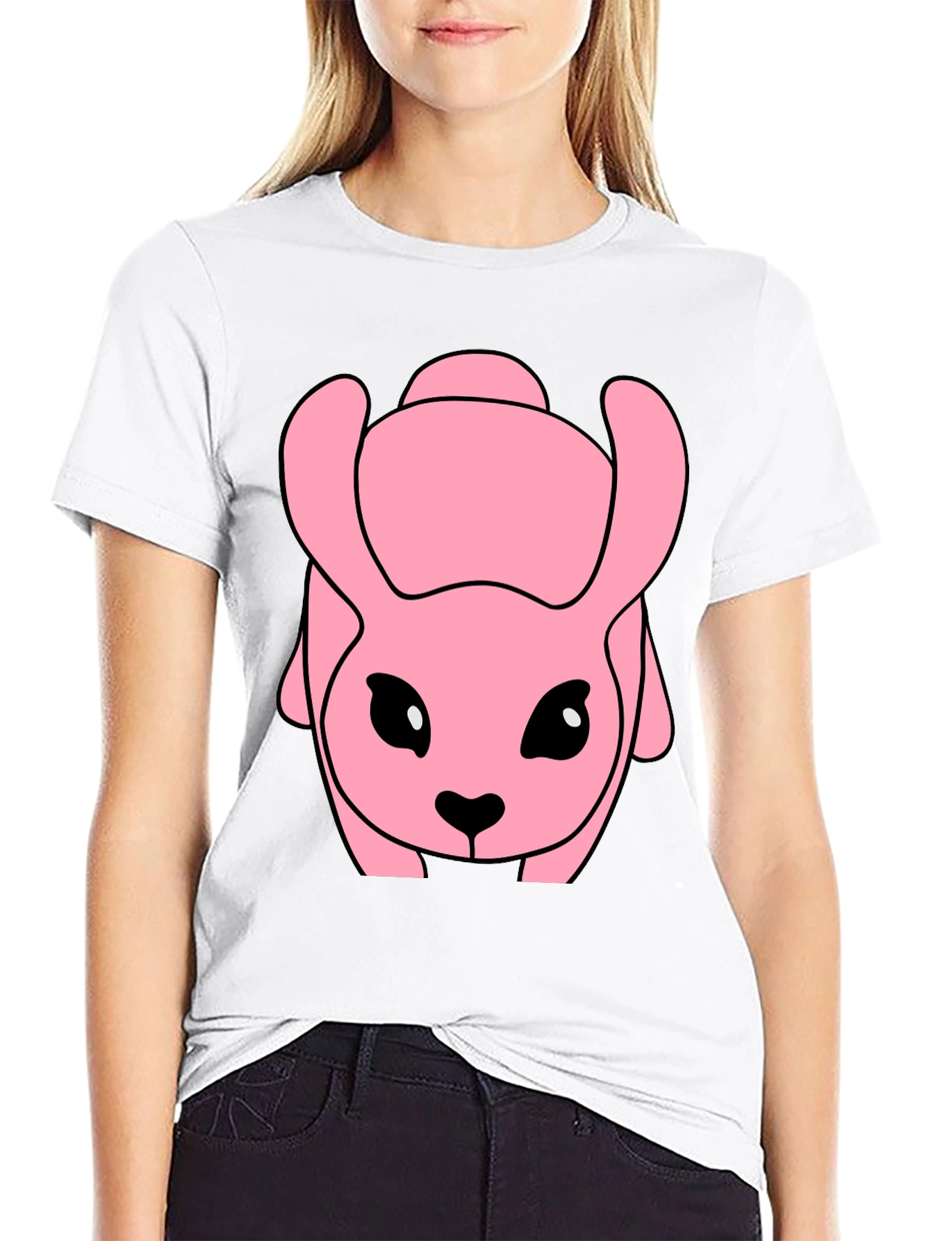 Pink Cartoon Animal Graphic Black T-Shirt