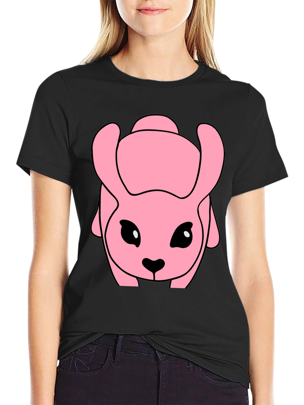 Pink Cartoon Animal Graphic Black T-Shirt