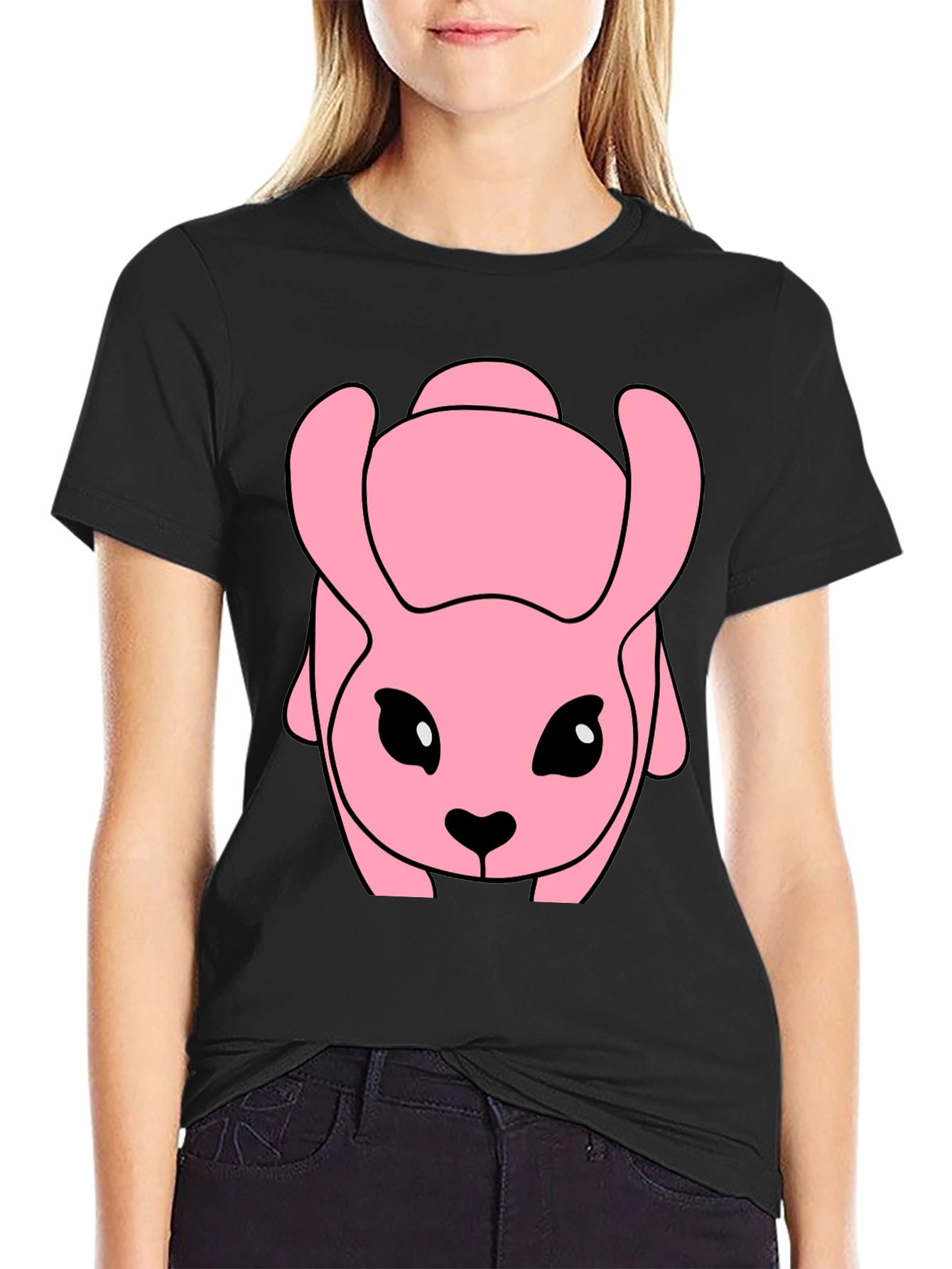 Pink Cartoon Animal Graphic Black T-Shirt