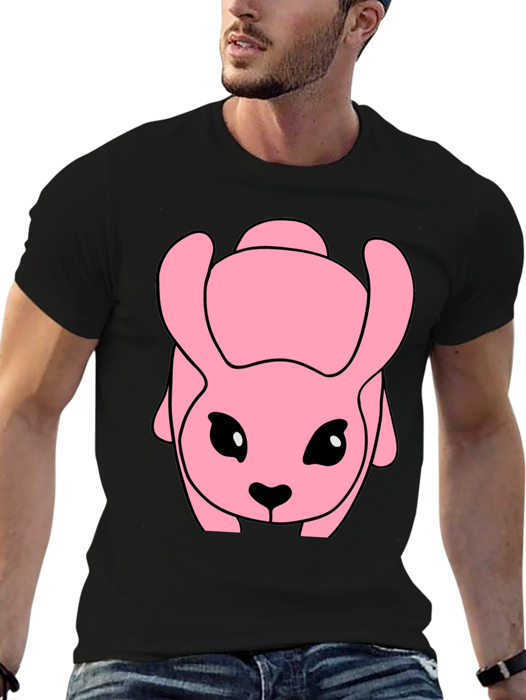 Pink Cartoon Animal Graphic Black T-Shirt