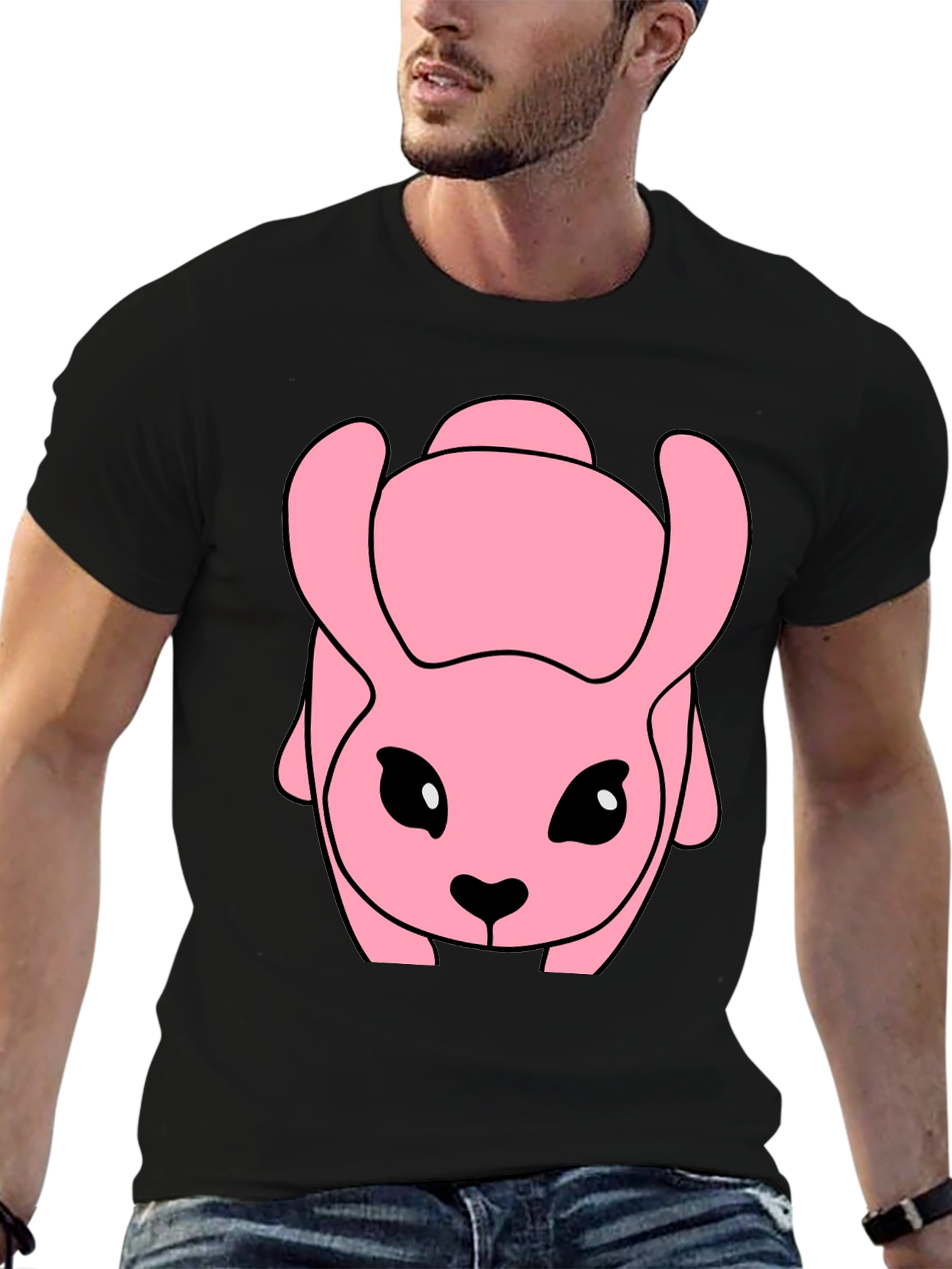 Pink Cartoon Animal Graphic Black T-Shirt