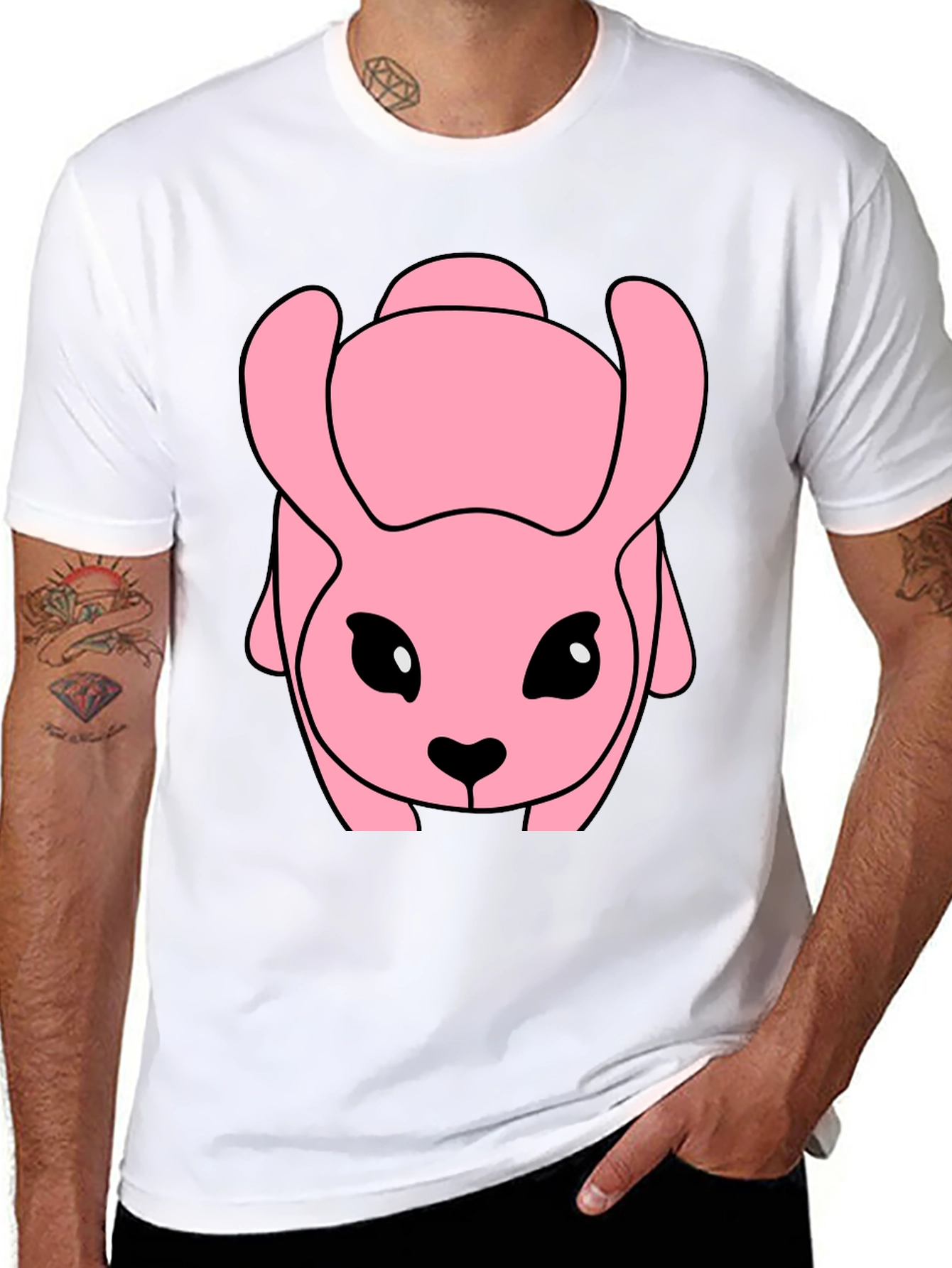 Pink Cartoon Animal Graphic Black T-Shirt