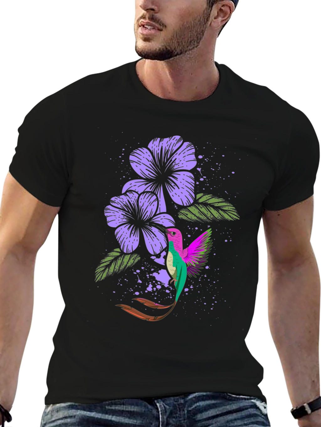 Hummingbird & Floral Graphic Tee - Black
