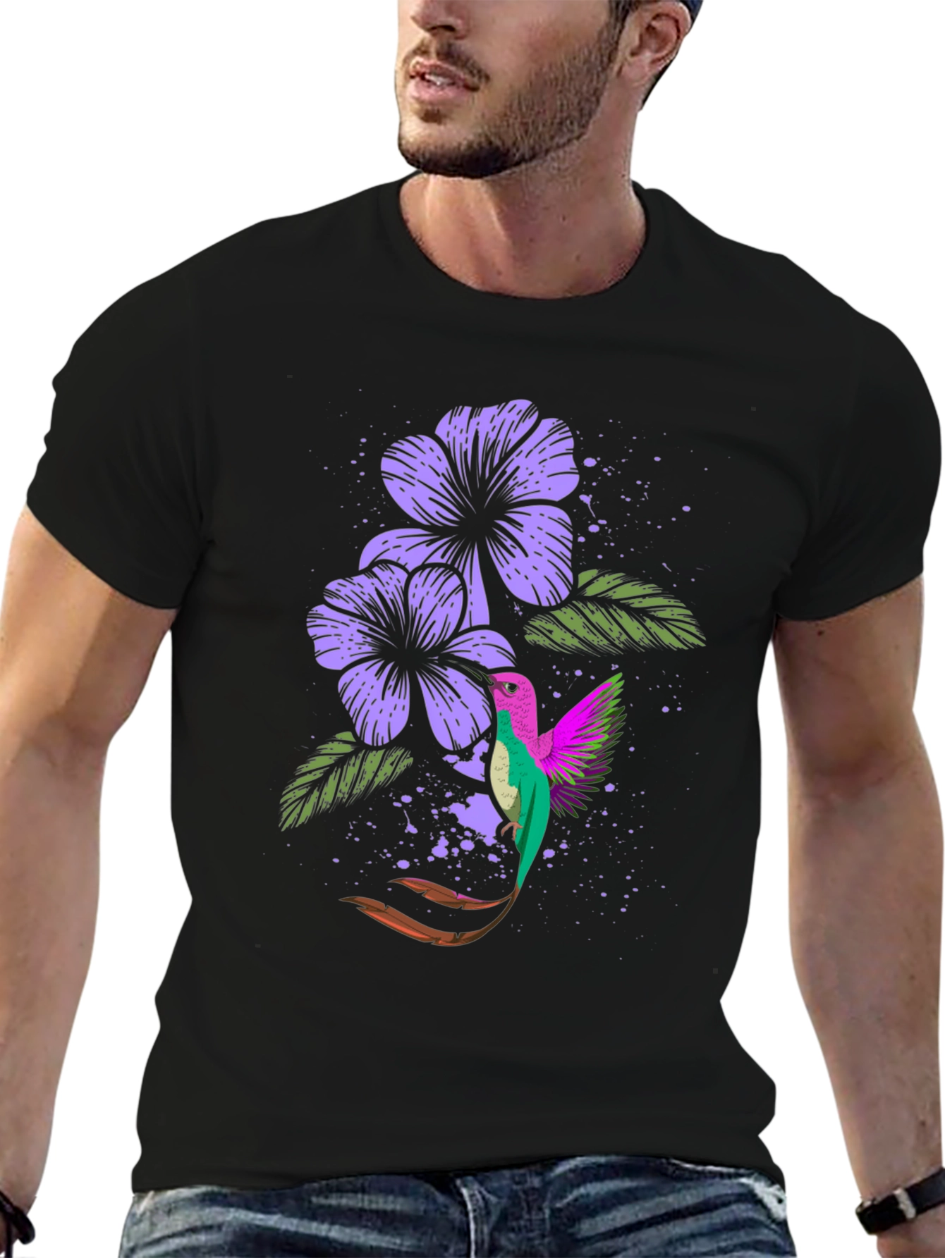 Hummingbird & Floral Graphic Tee - Black