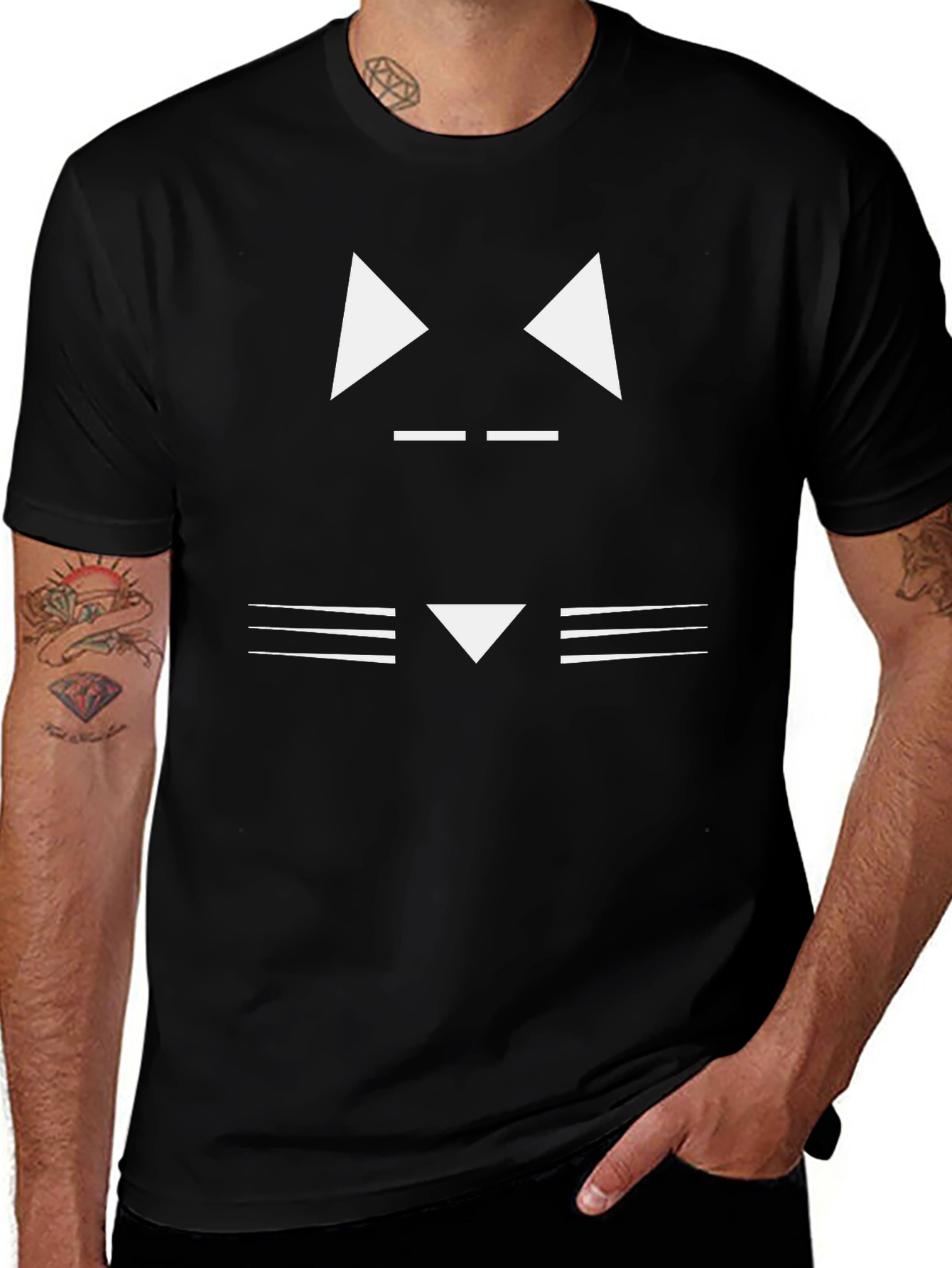 Minimalist Cat Face Graphic Tee - Black Cotton Shirt