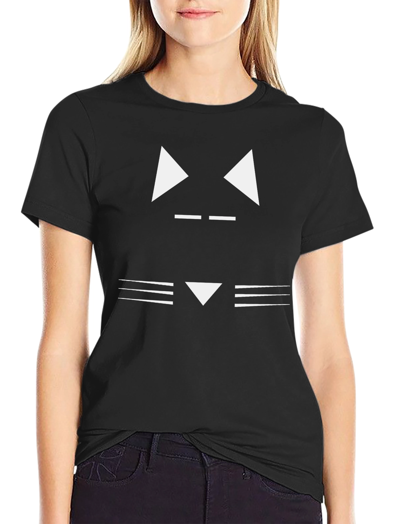 Minimalist Cat Face Graphic Tee - Black Cotton Shirt