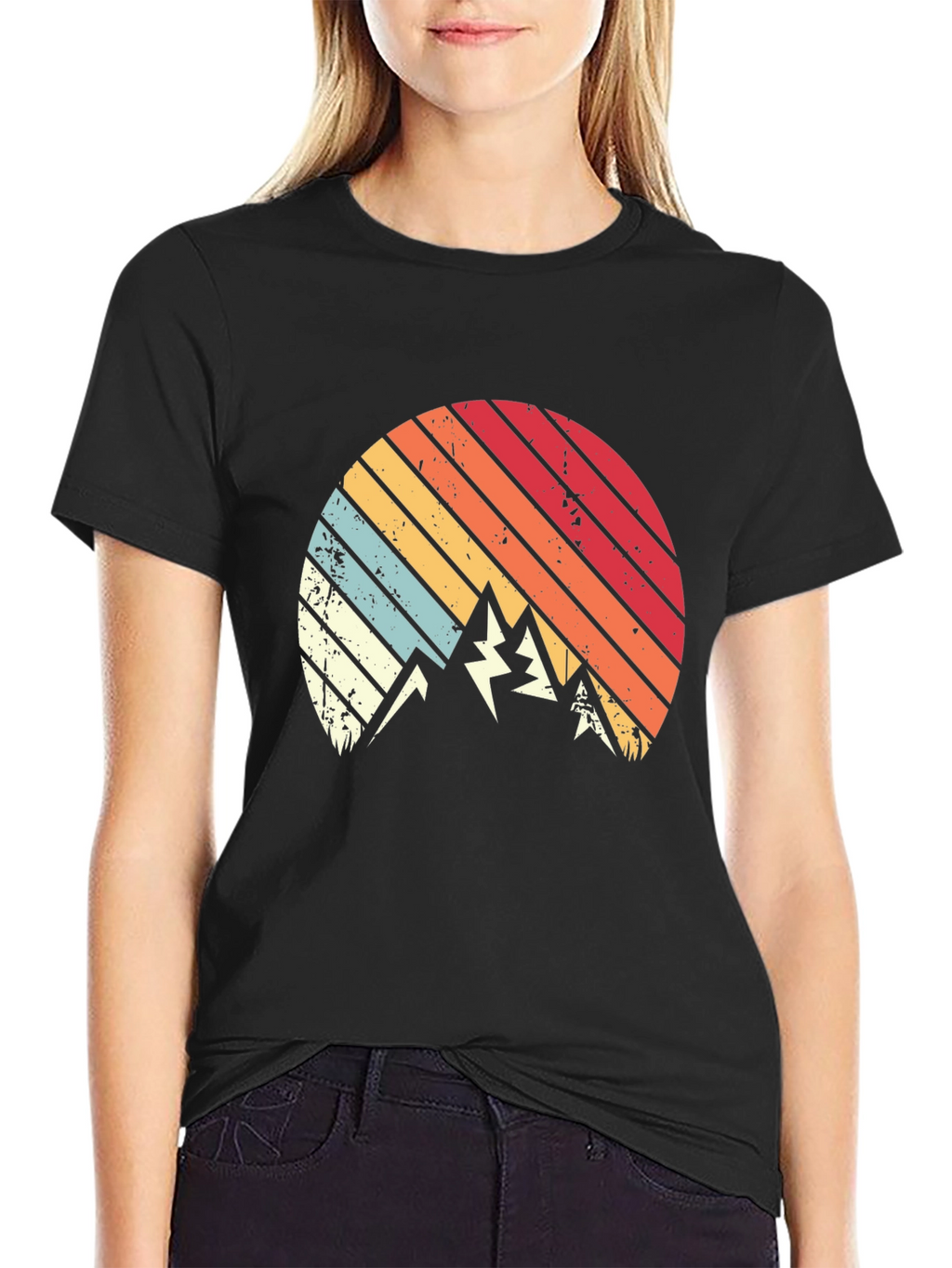 Retro Mountain Sunset Graphic Tee - Black Cotton Blend