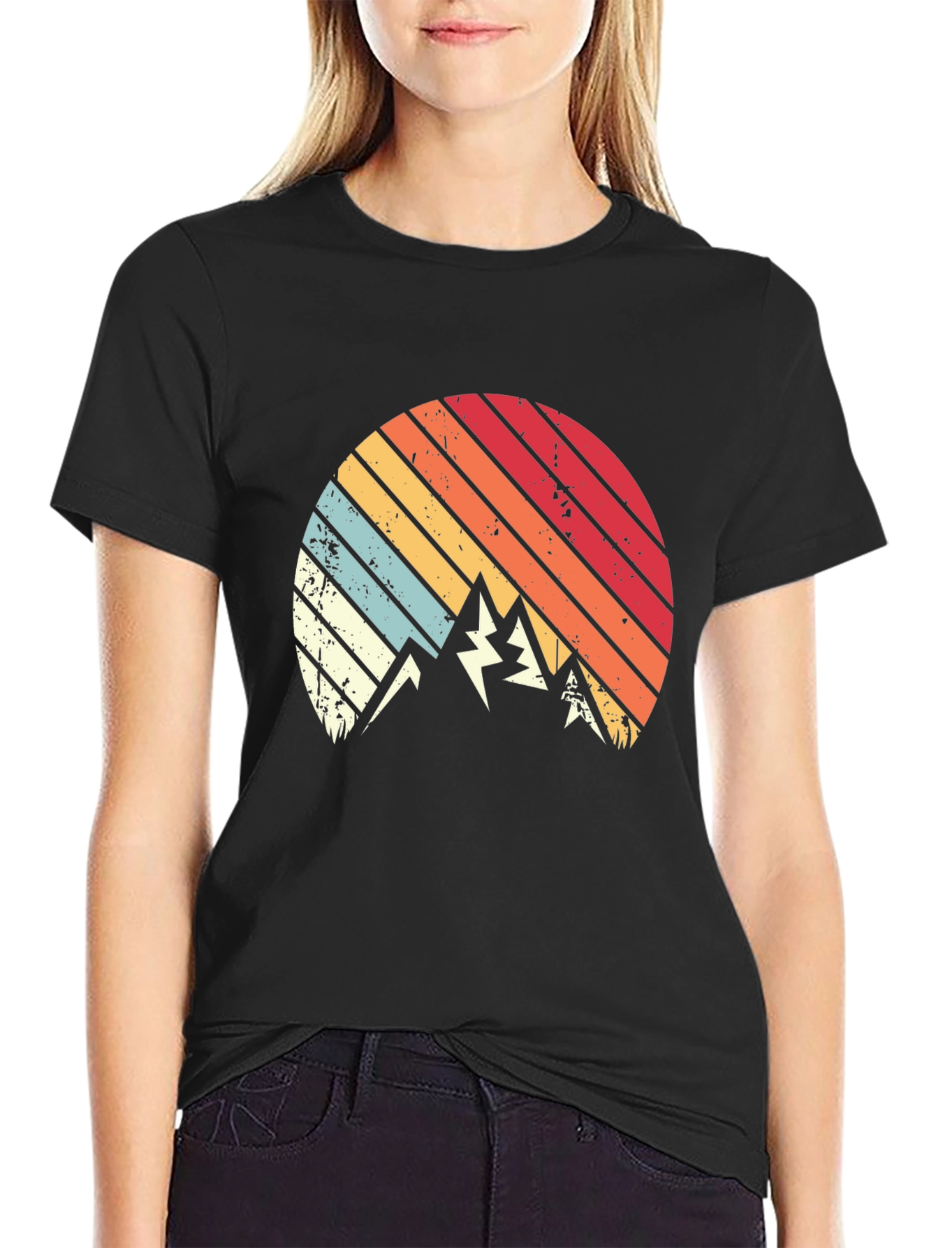 Retro Mountain Sunset Graphic Tee - Black Cotton Blend