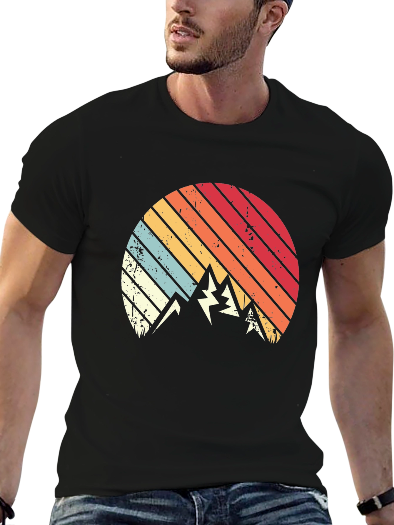 Retro Mountain Sunset Graphic Tee - Black Cotton Blend
