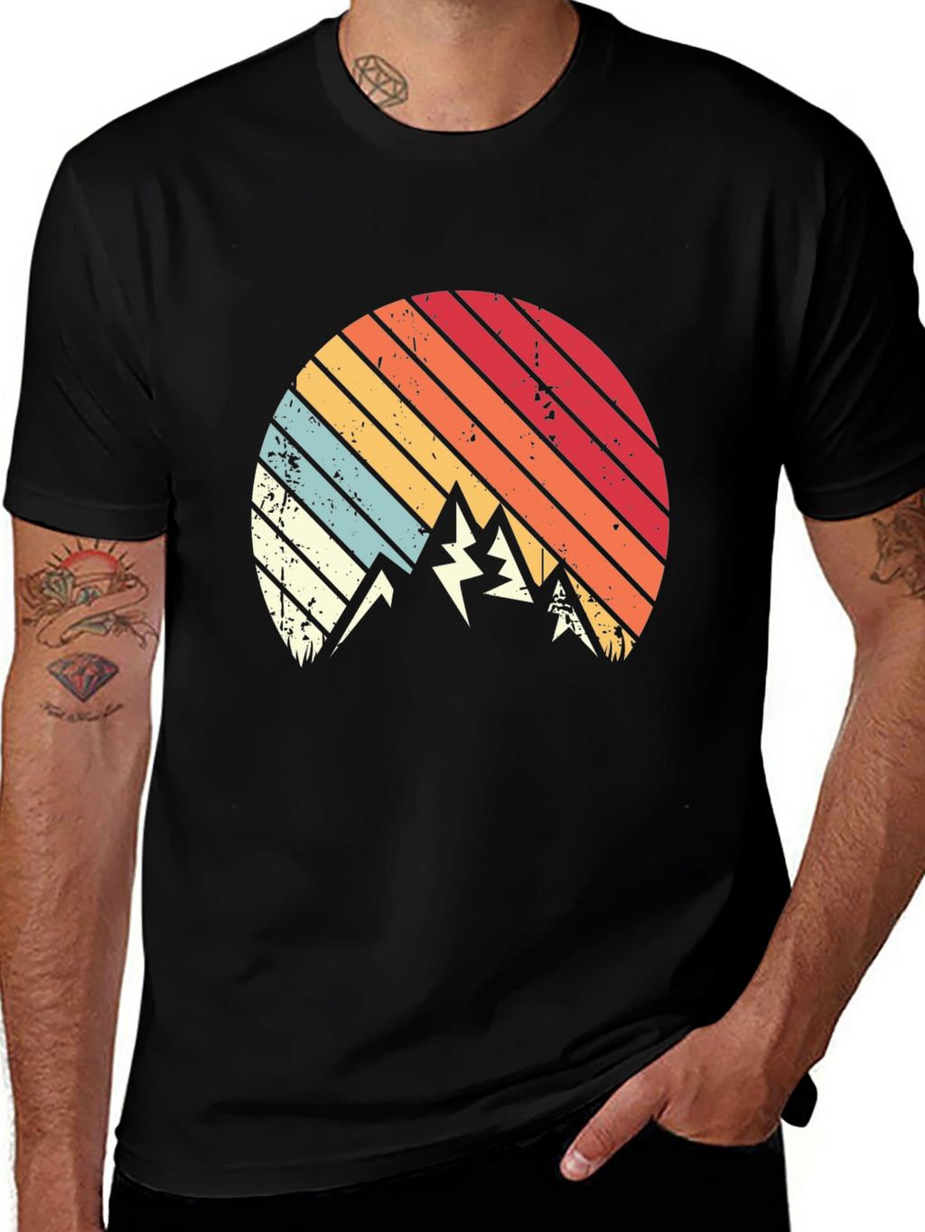 Retro Mountain Sunset Graphic Tee - Black Cotton Blend