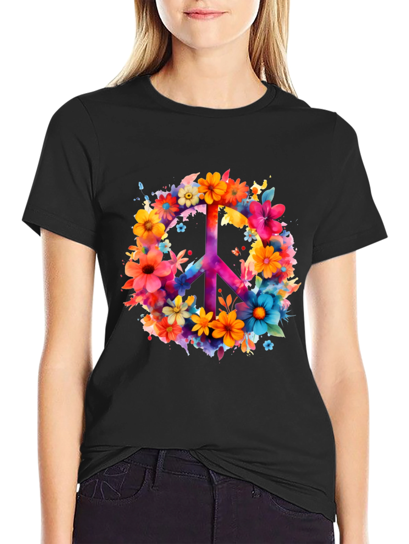 Floral Peace Sign Graphic Tee - Black