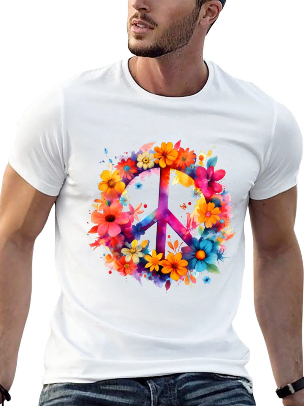 Floral Peace Sign Graphic Tee - Black