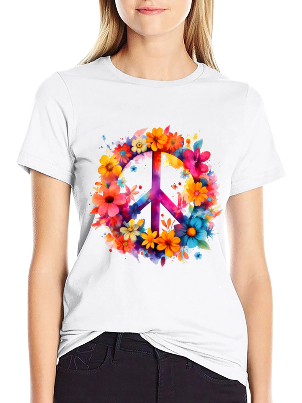 Floral Peace Sign Graphic Tee - Black