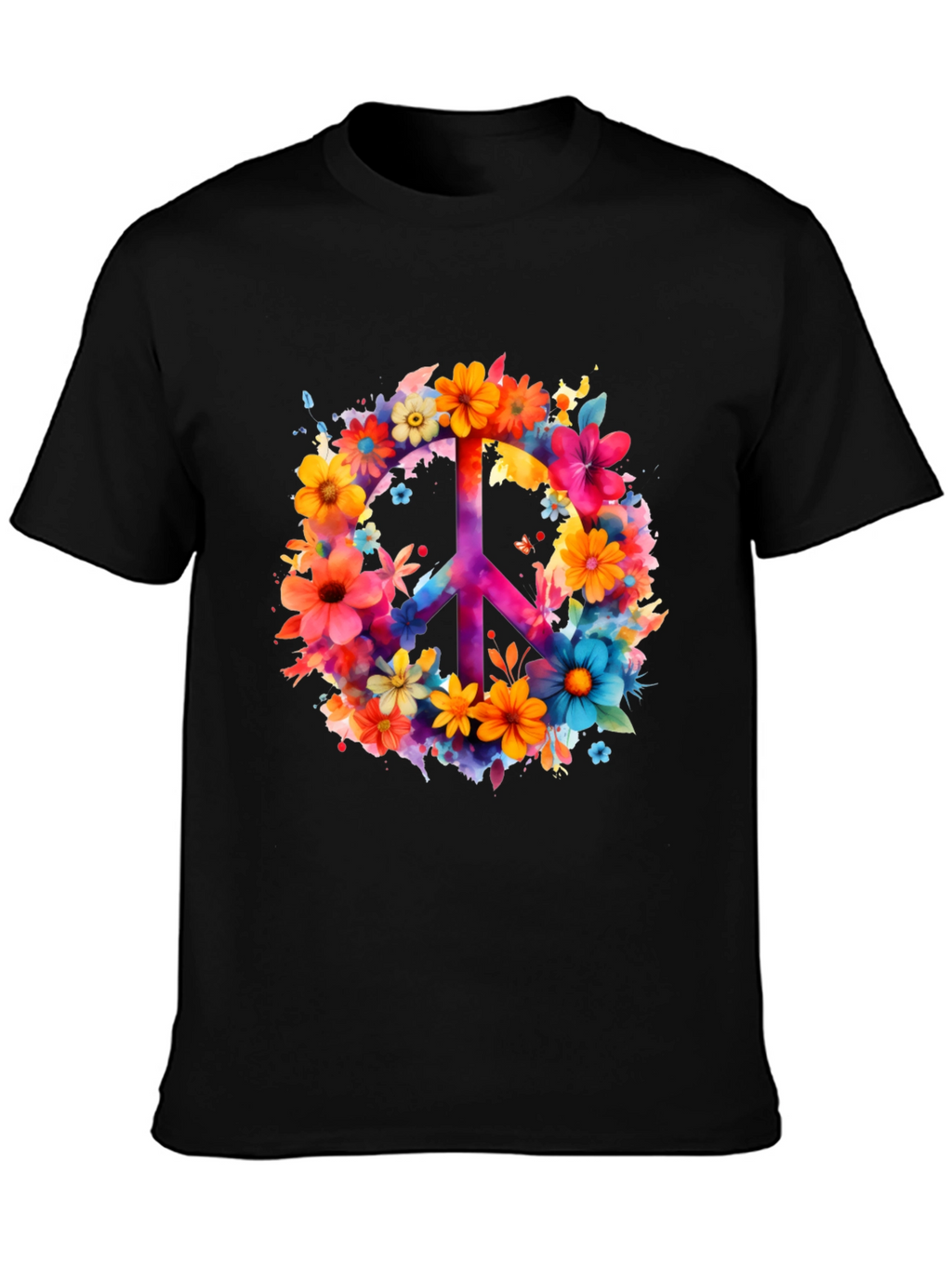 Floral Peace Sign Graphic Tee - Black