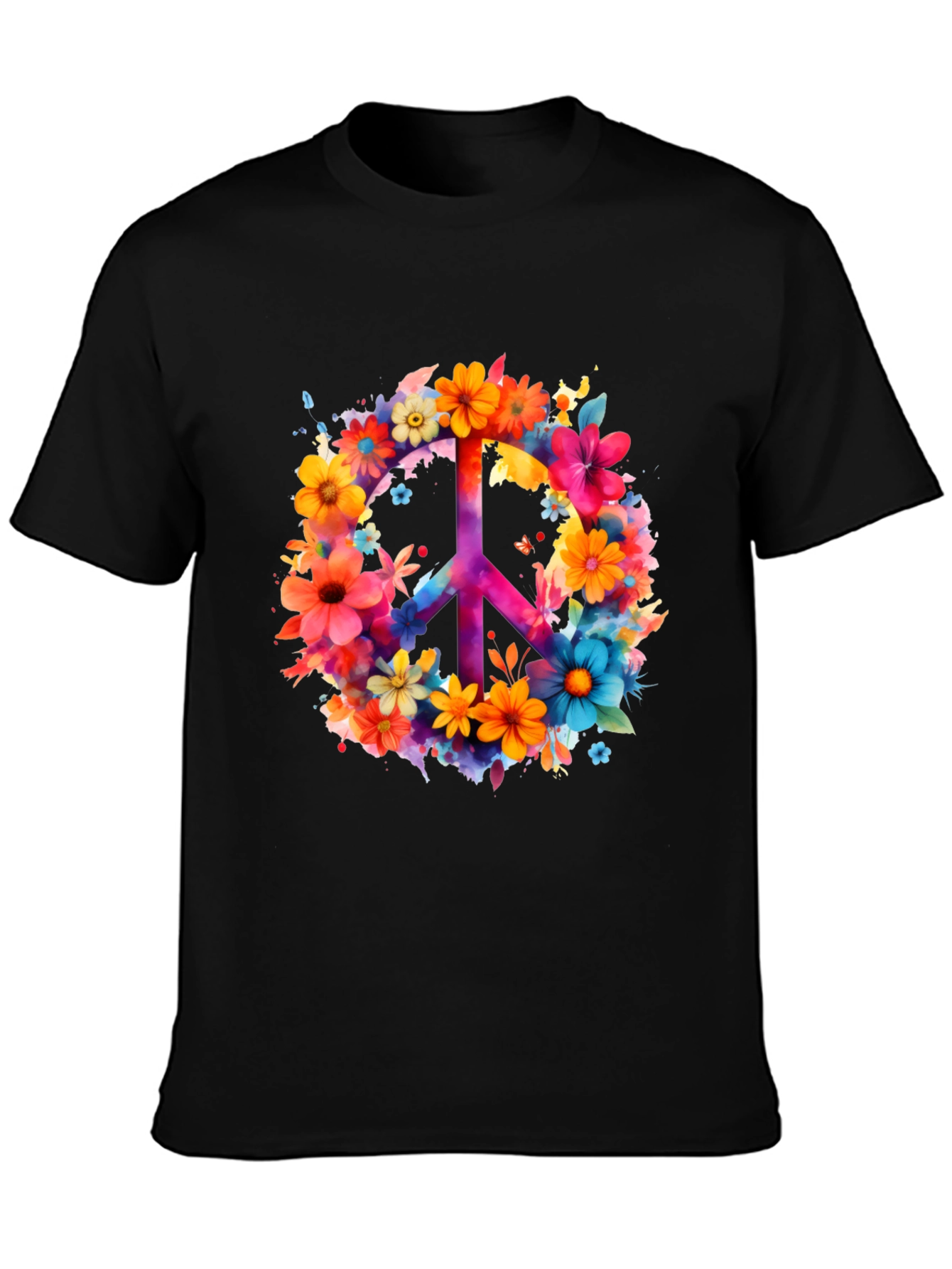 Floral Peace Sign Graphic Tee - Black