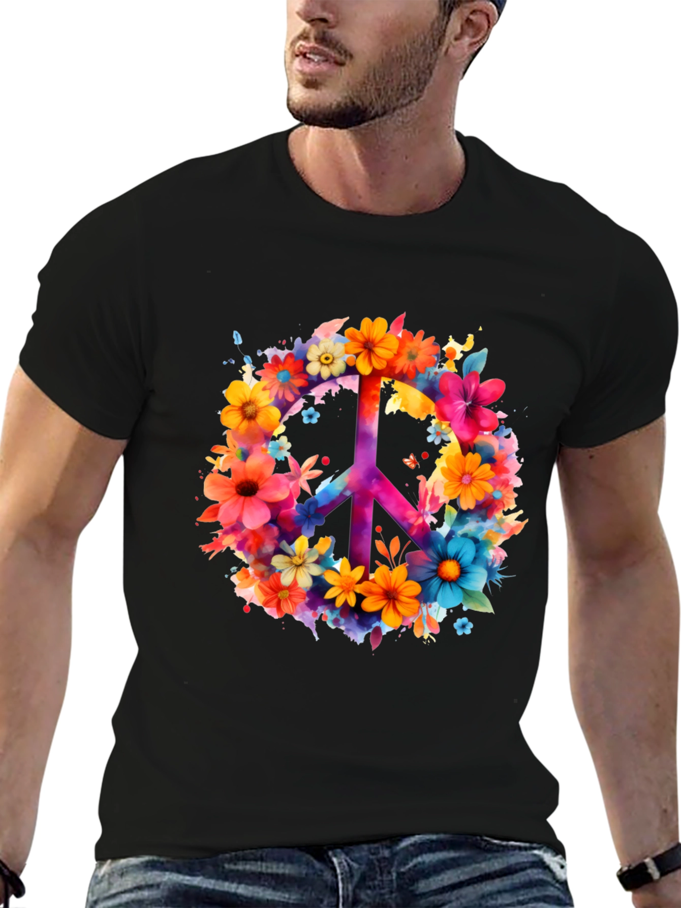 Floral Peace Sign Graphic Tee - Black