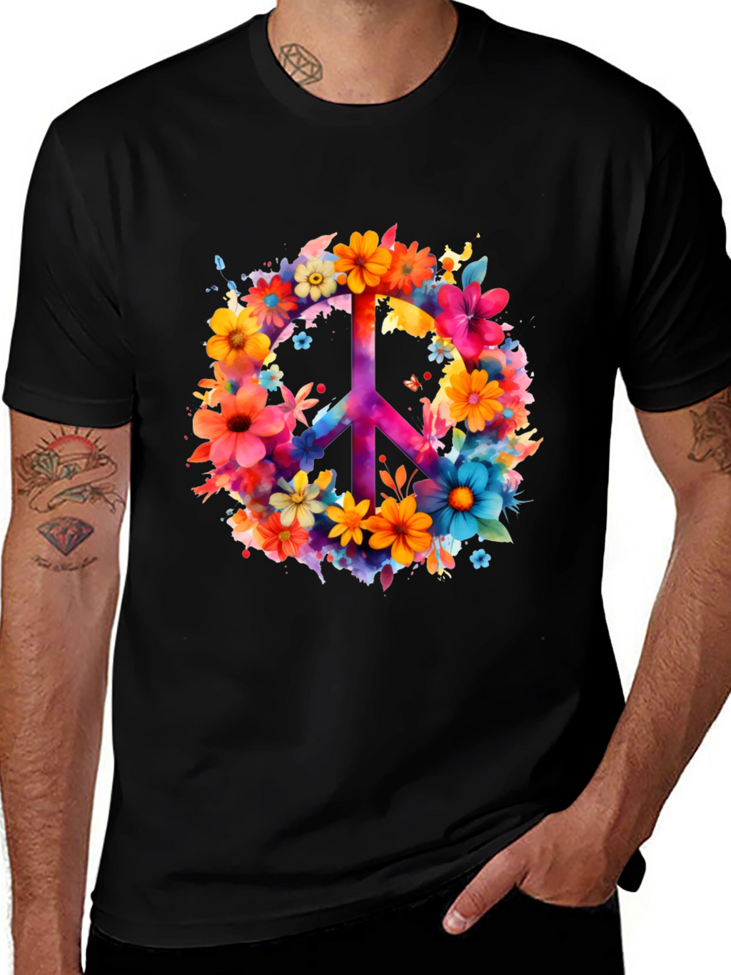 Floral Peace Sign Graphic Tee - Black