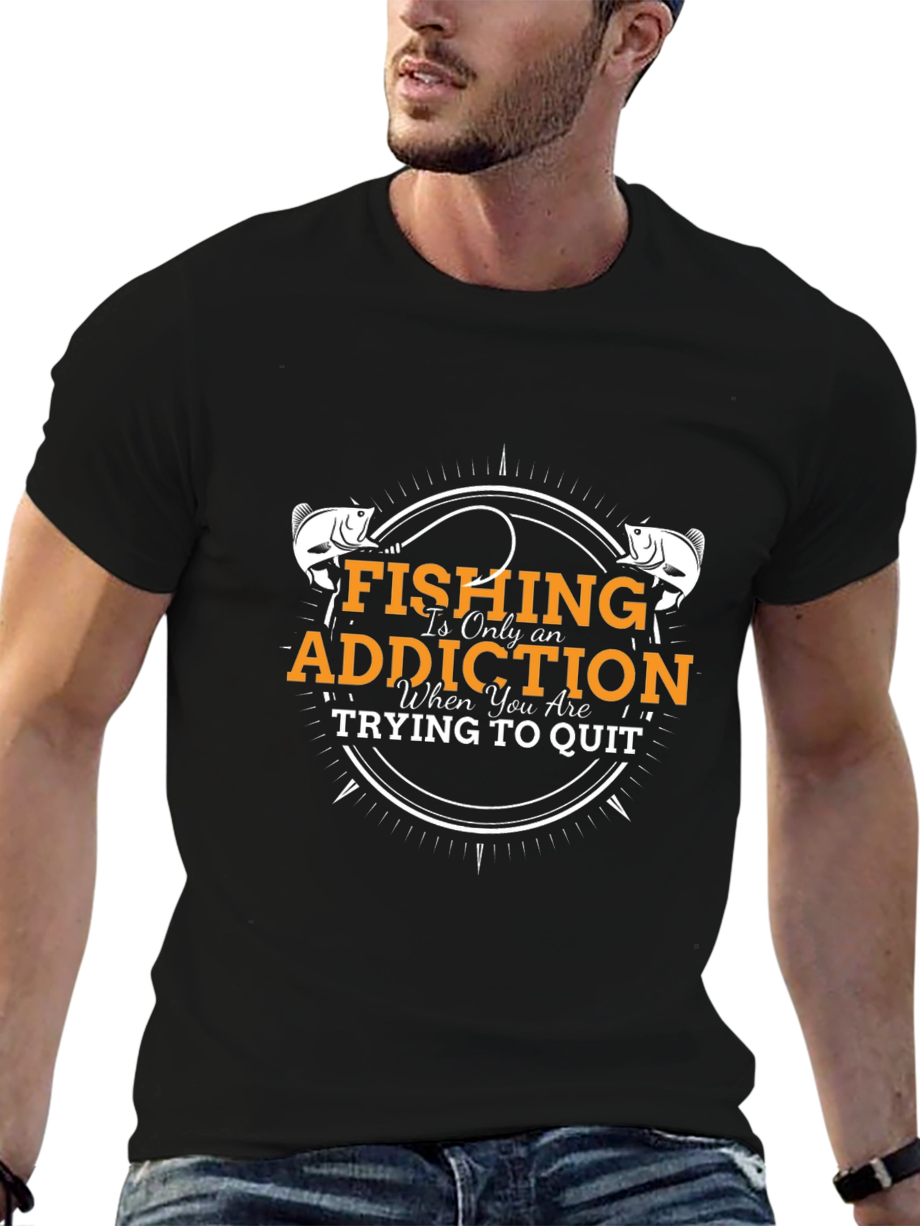 Fishing Addiction T-Shirt - Black Crew Neck