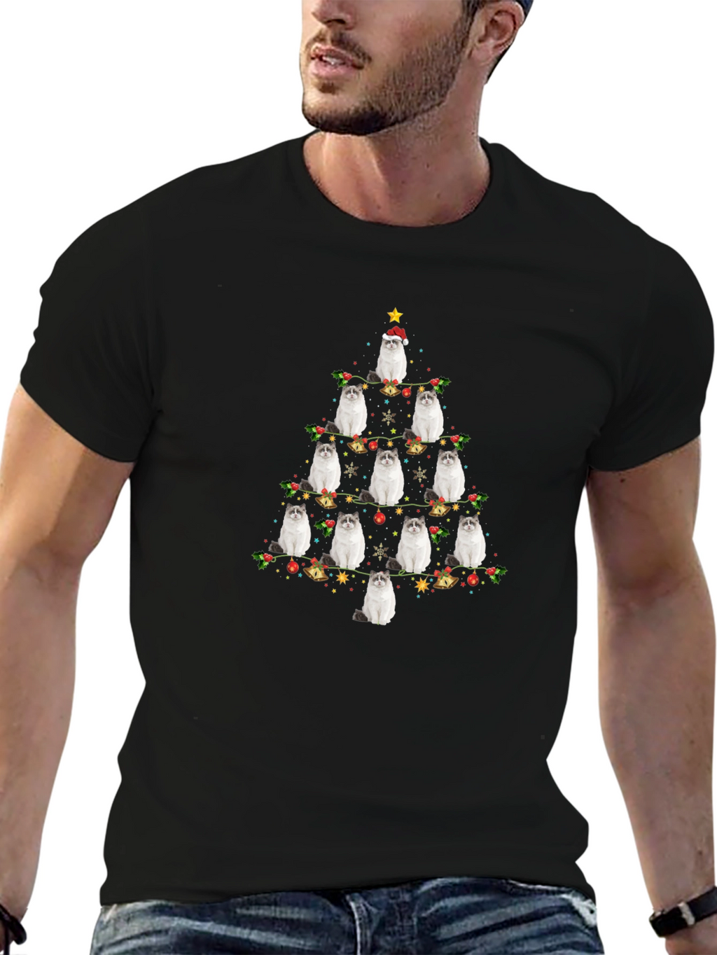 Festive Cat Christmas Tree Graphic Tee