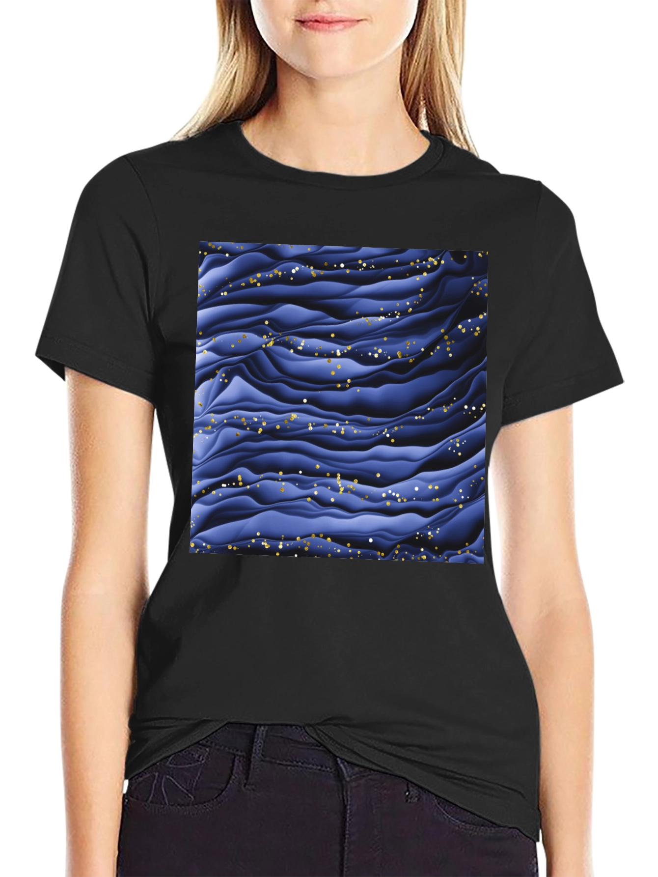 Stylish Black T-Shirt with Abstract Blue Wave Design