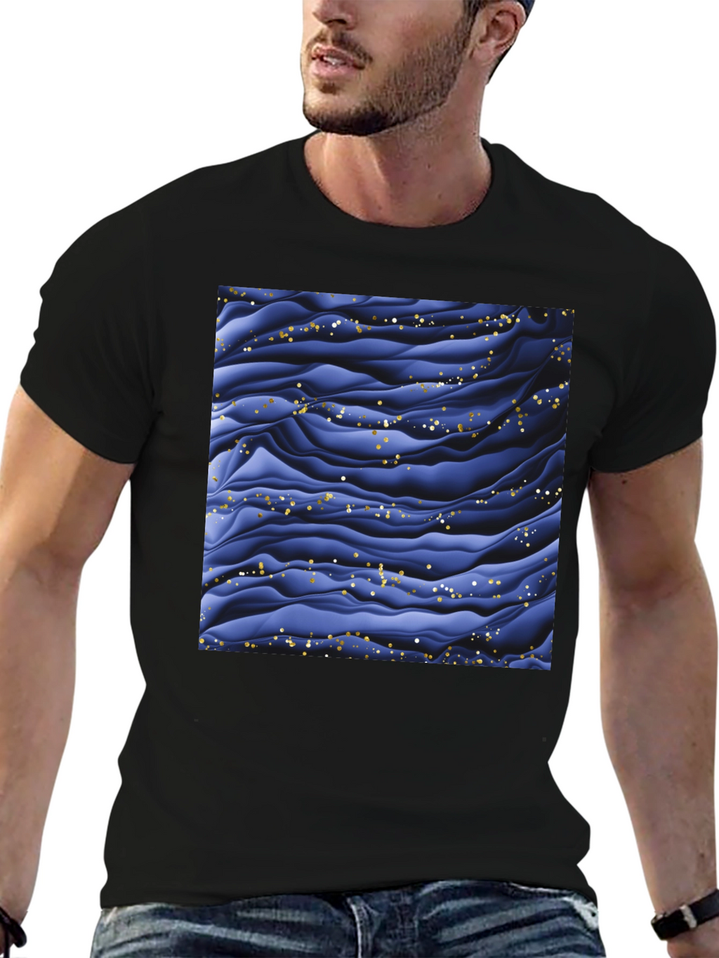 Stylish Black T-Shirt with Abstract Blue Wave Design