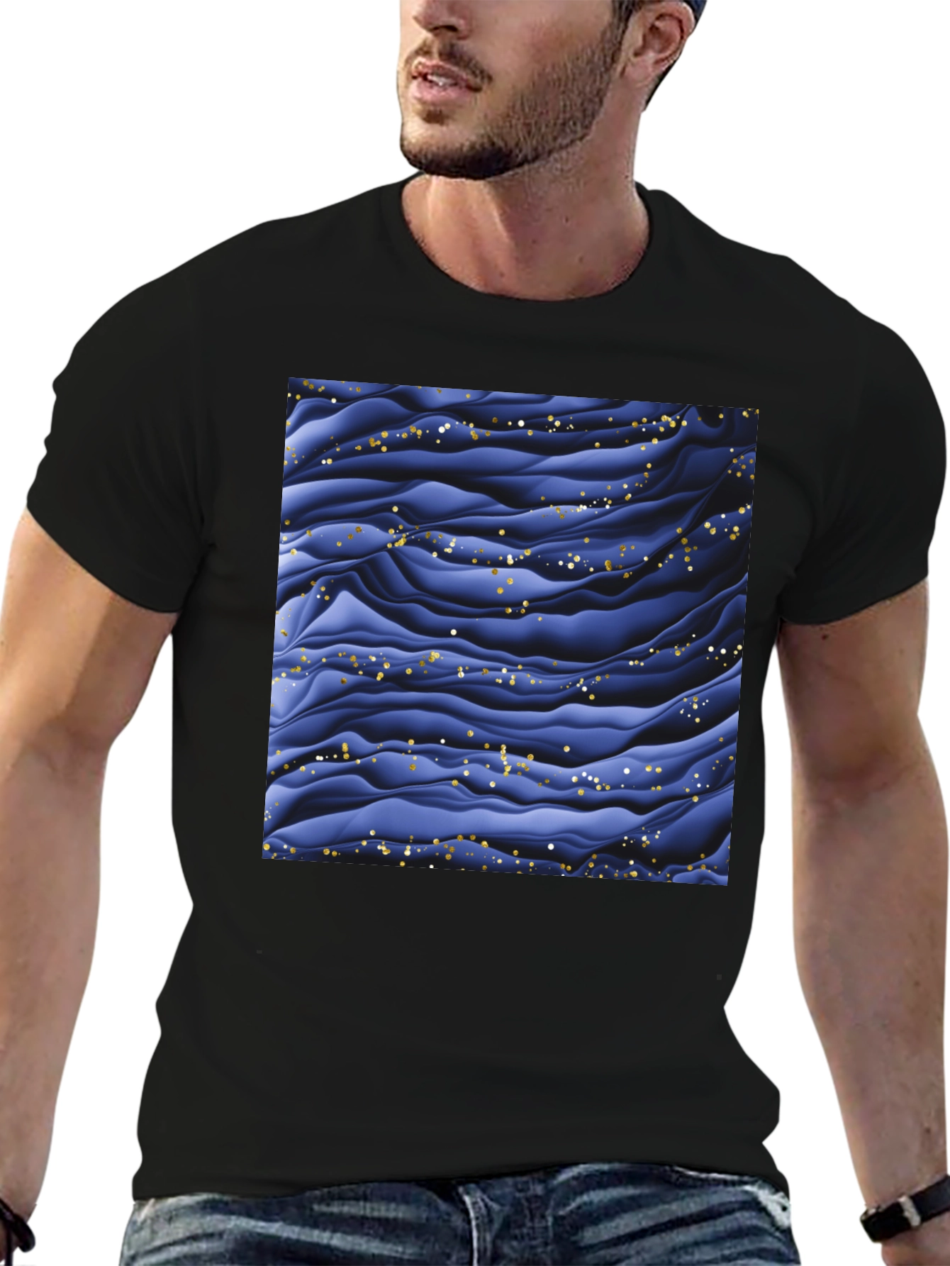 Stylish Black T-Shirt with Abstract Blue Wave Design