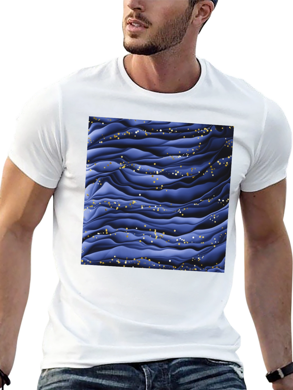 Stylish Black T-Shirt with Abstract Blue Wave Design