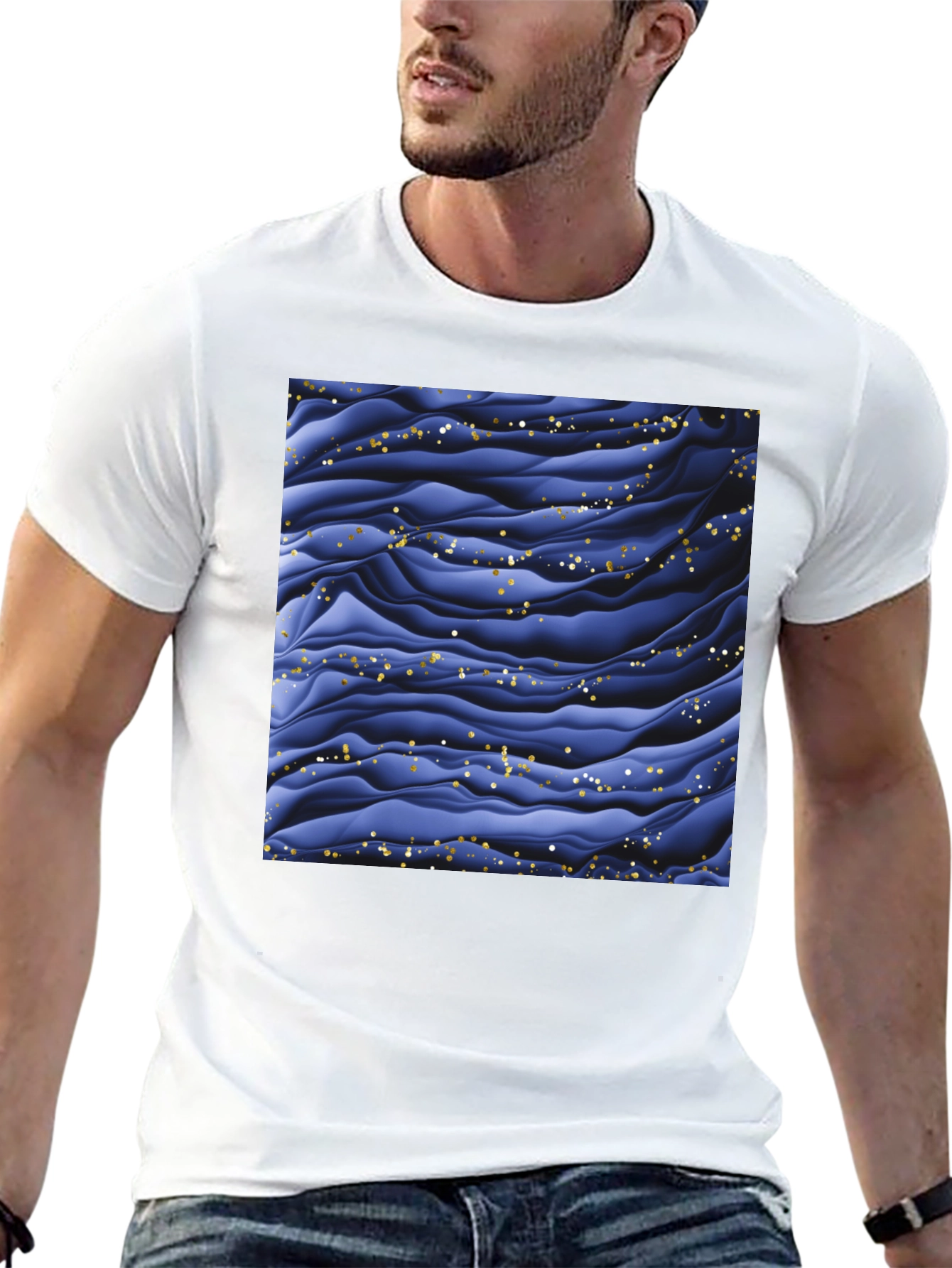 Stylish Black T-Shirt with Abstract Blue Wave Design