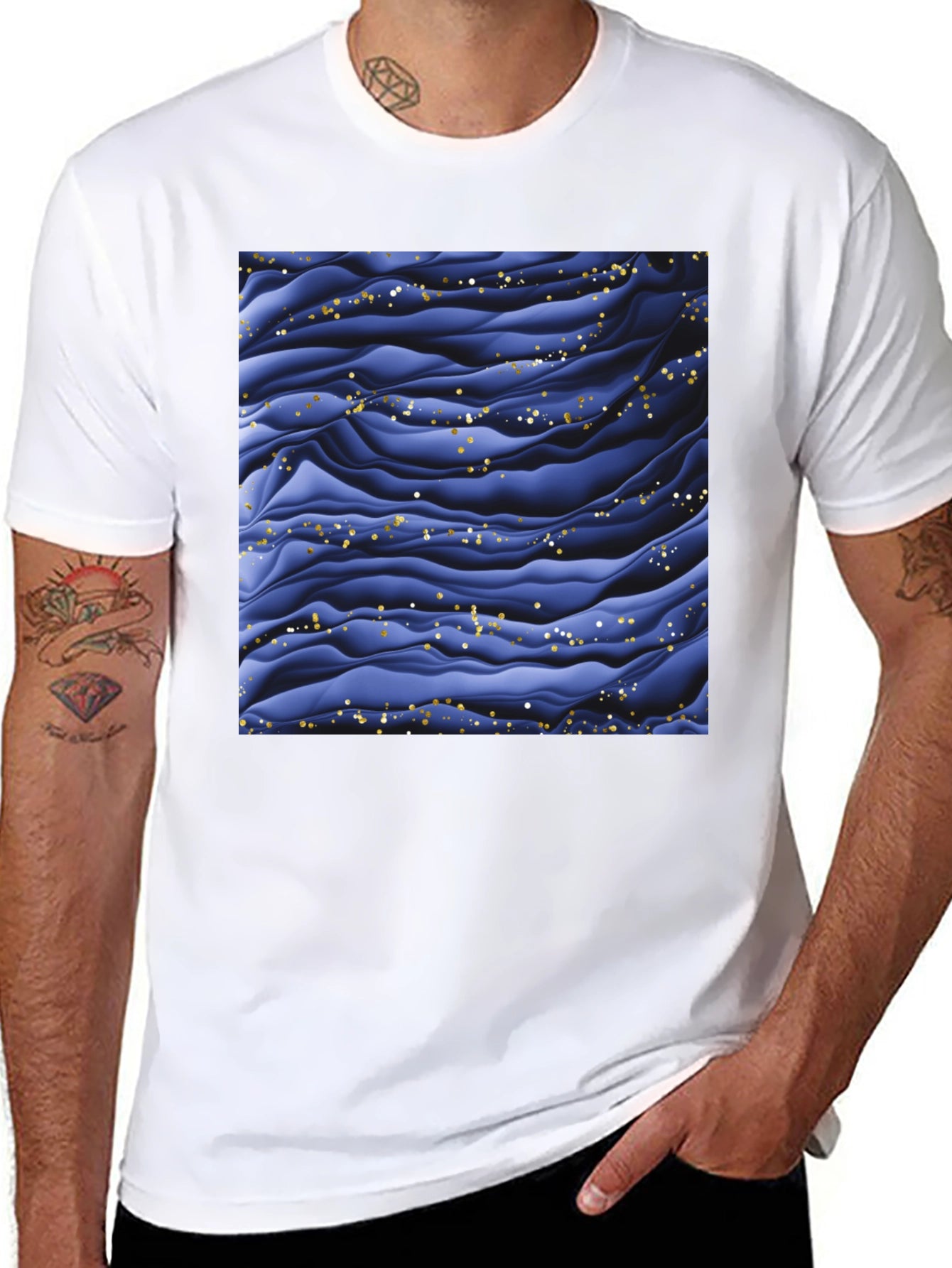 Stylish Black T-Shirt with Abstract Blue Wave Design