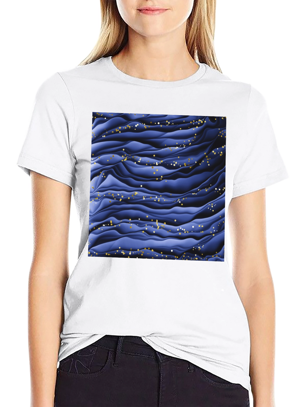 Stylish Black T-Shirt with Abstract Blue Wave Design