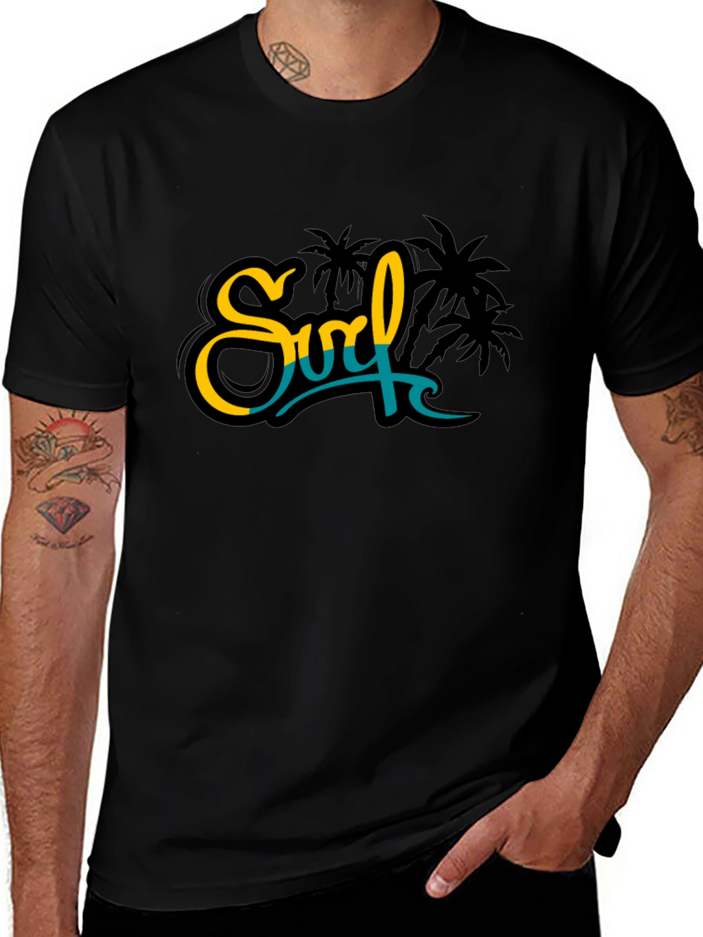 Surf Palm Tree Graphic Black Tee