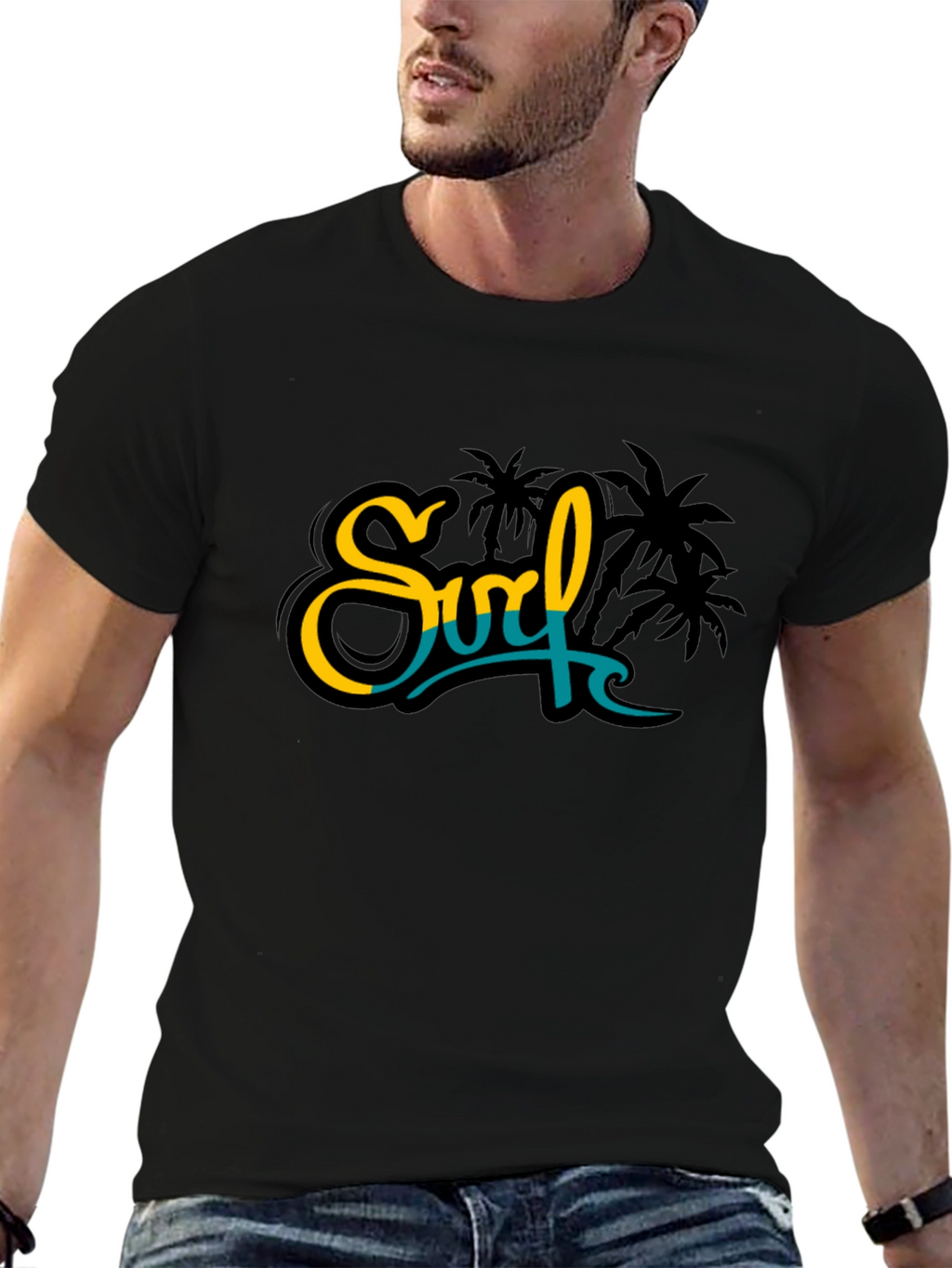 Surf Palm Tree Graphic Black Tee