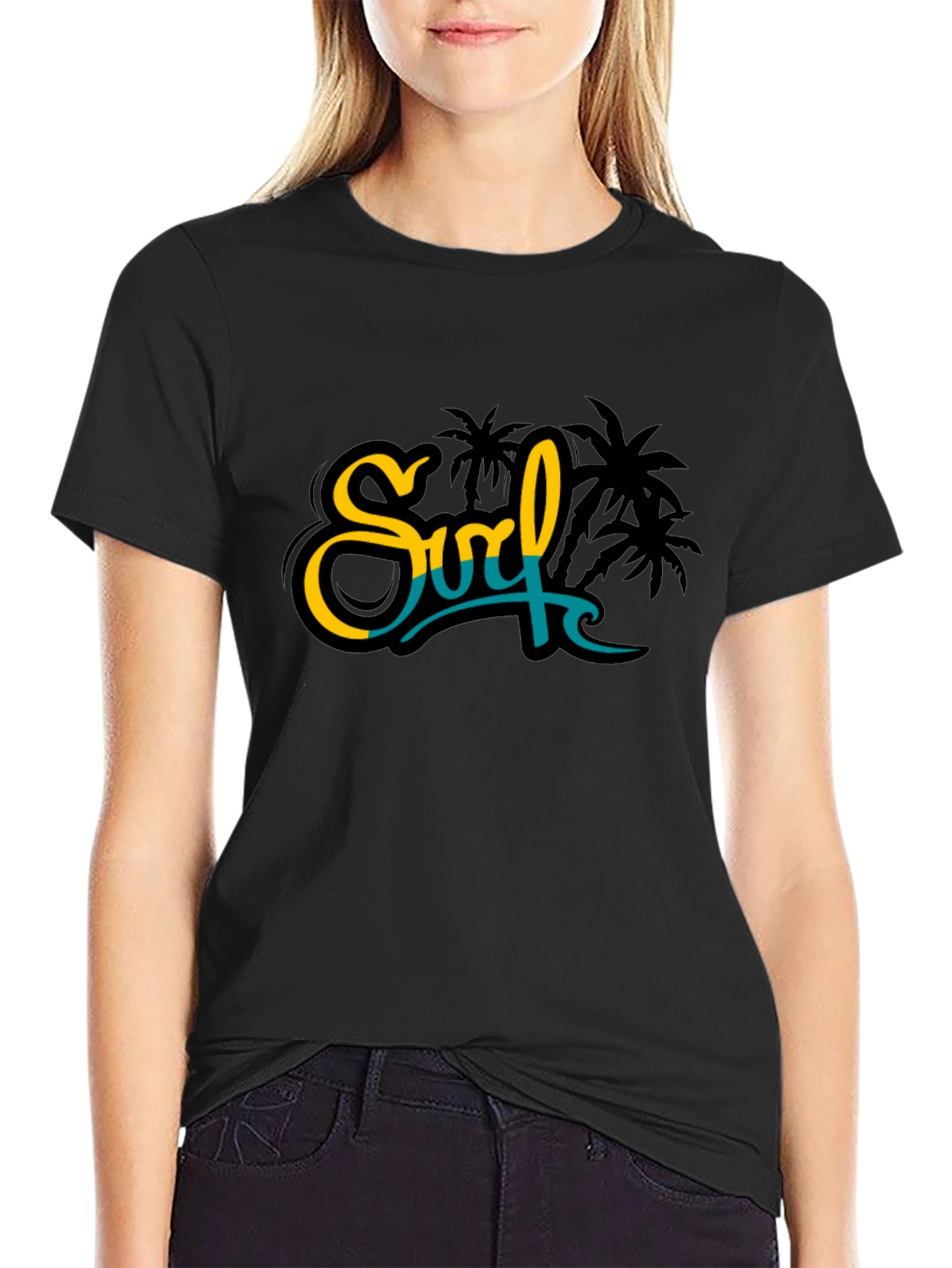 Surf Palm Tree Graphic Black Tee