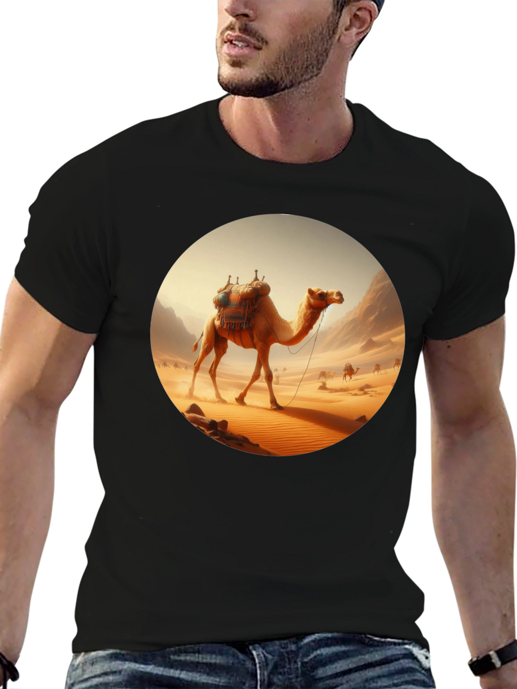 Camel Desert Scene Black T-Shirt