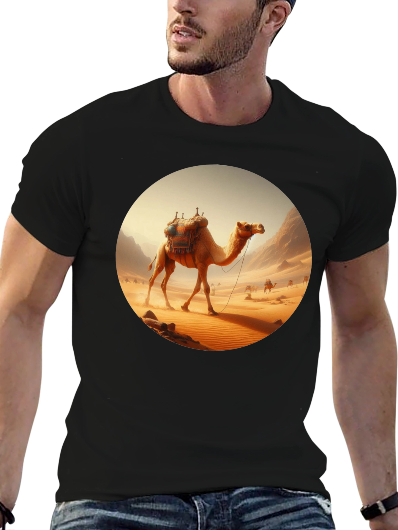 Camel Desert Scene Black T-Shirt