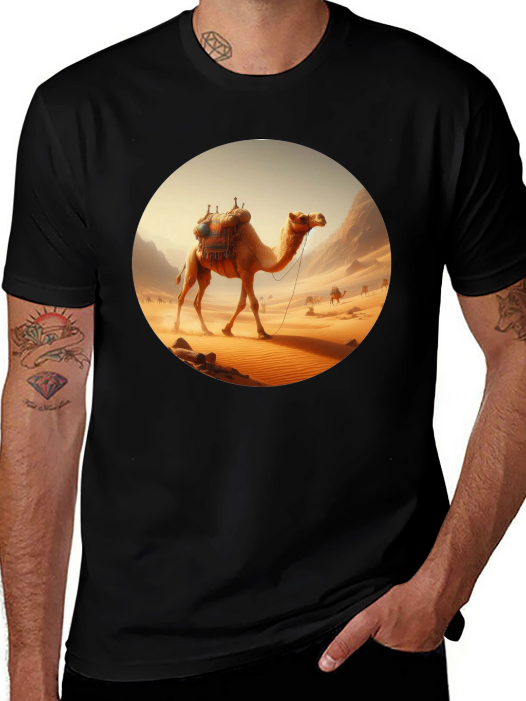 Camel Desert Scene Black T-Shirt