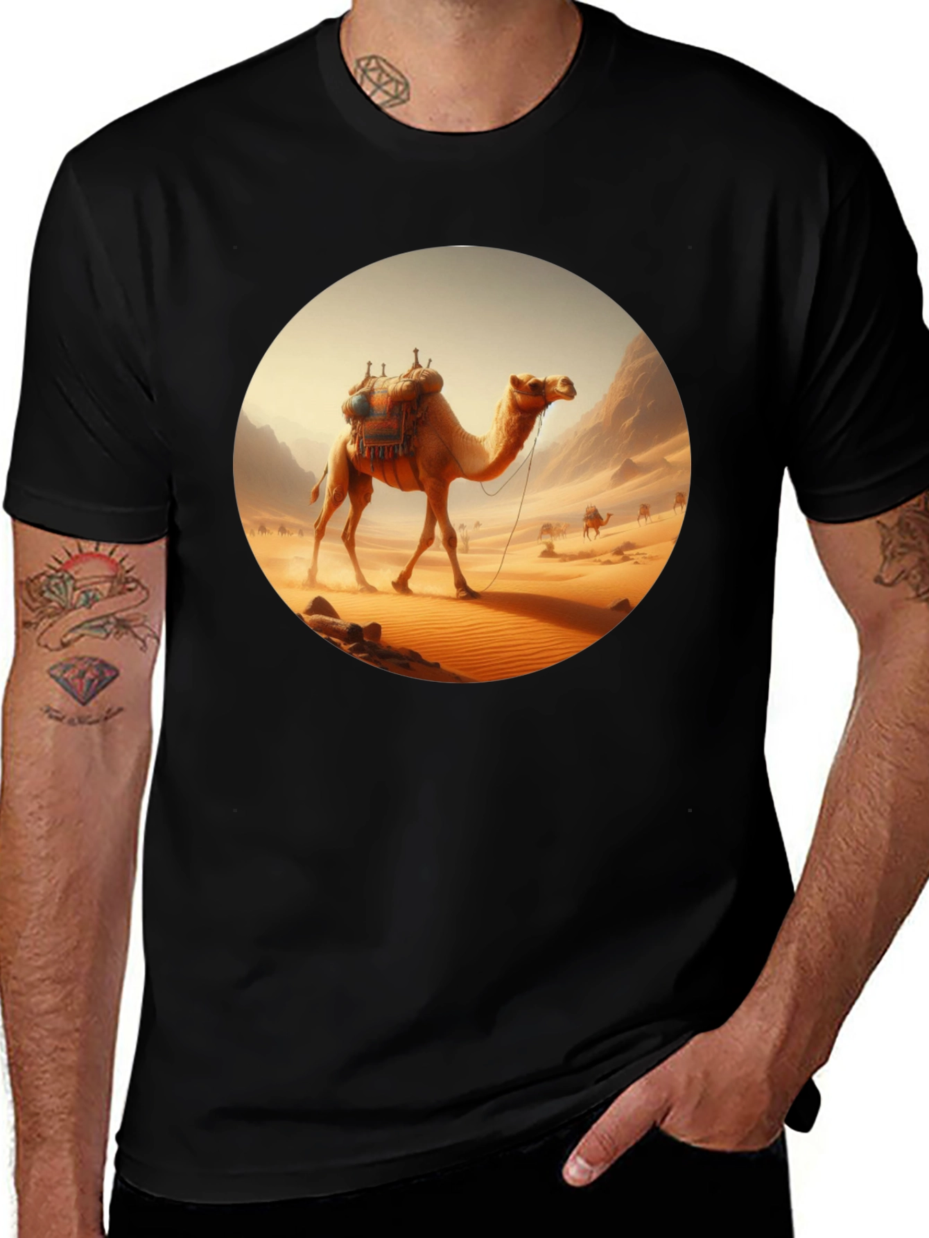 Camel Desert Scene Black T-Shirt