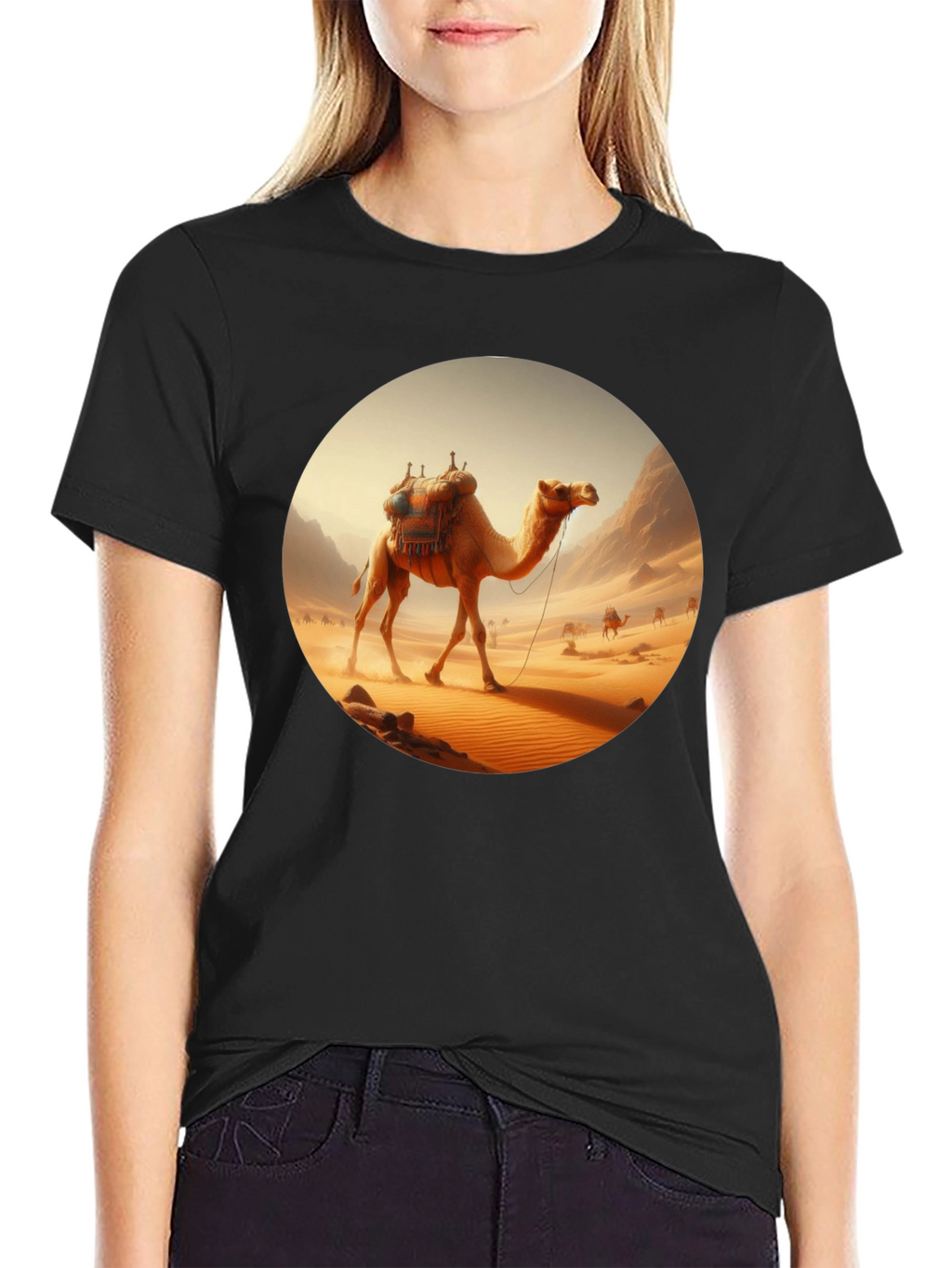 Camel Desert Scene Black T-Shirt