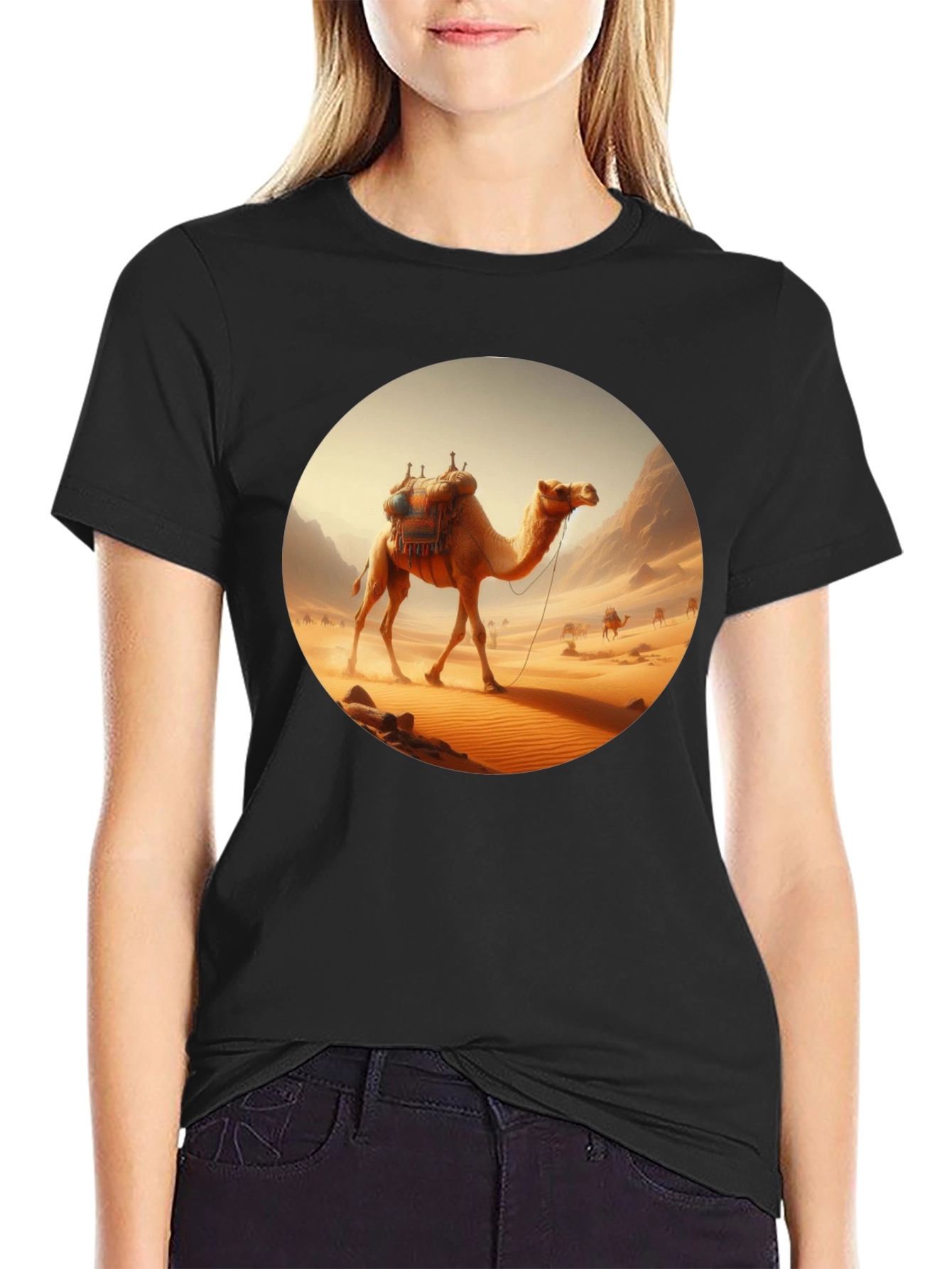 Camel Desert Scene Black T-Shirt